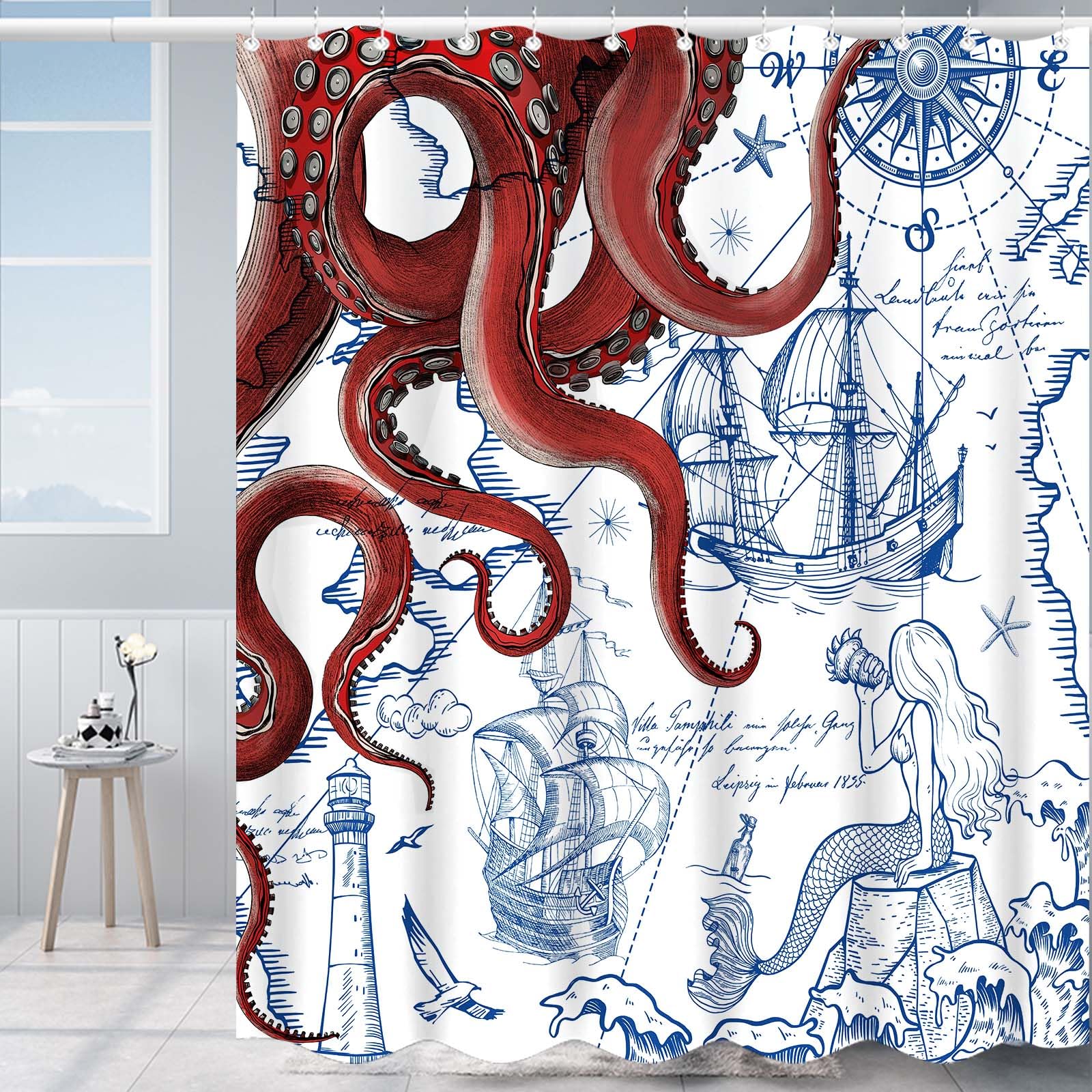 Fungarth 84 Inch Extra Long Red Nautical Octopus Shower Curtain Navy Blue Mermaid Funny Ocean Kraken Shower Curtains For Bathroo