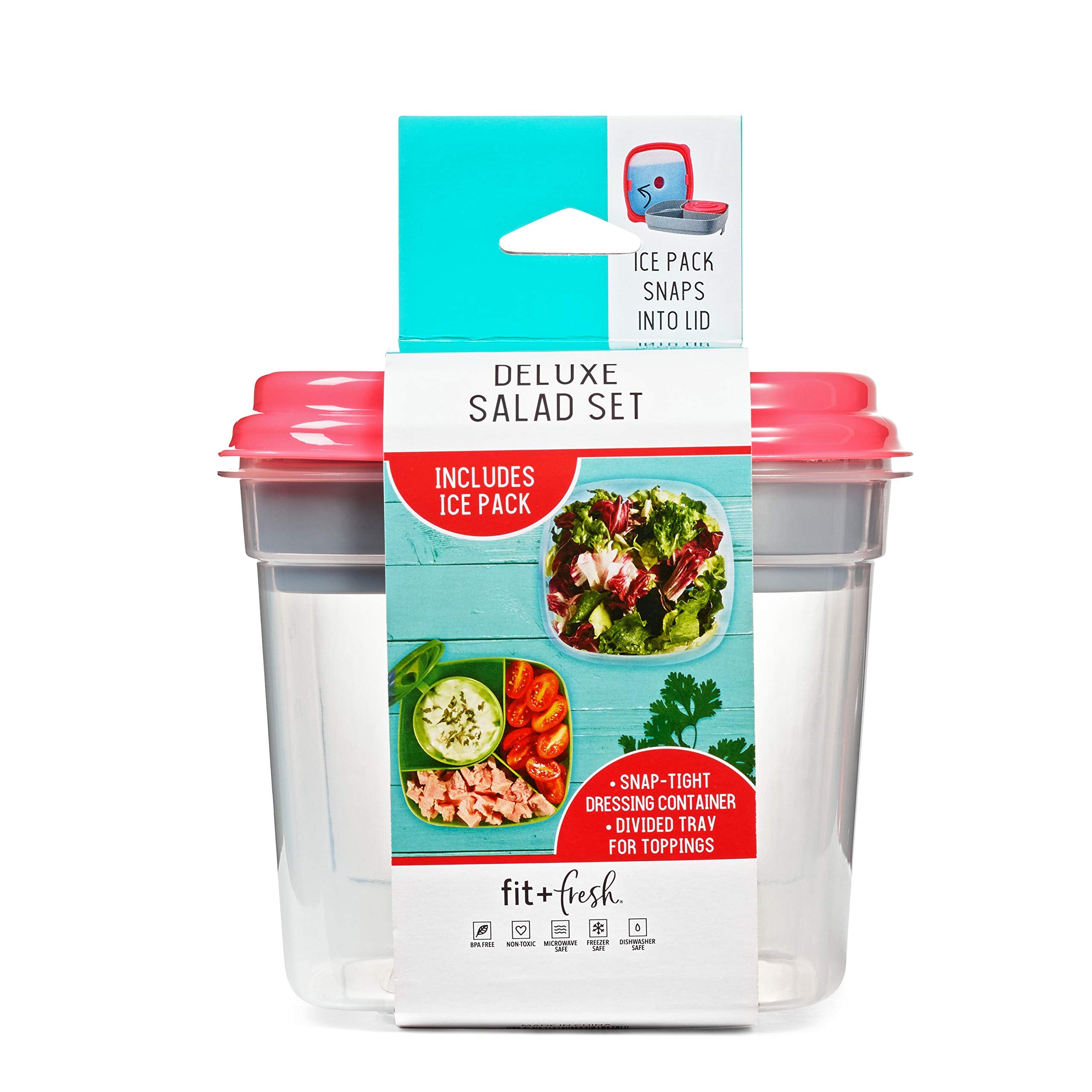 Fit & Fresh Salad Container For Lunch, Salad Lunch Container For Adults, Salad Bowl Kit With Compartments For Salad Dressing & T
