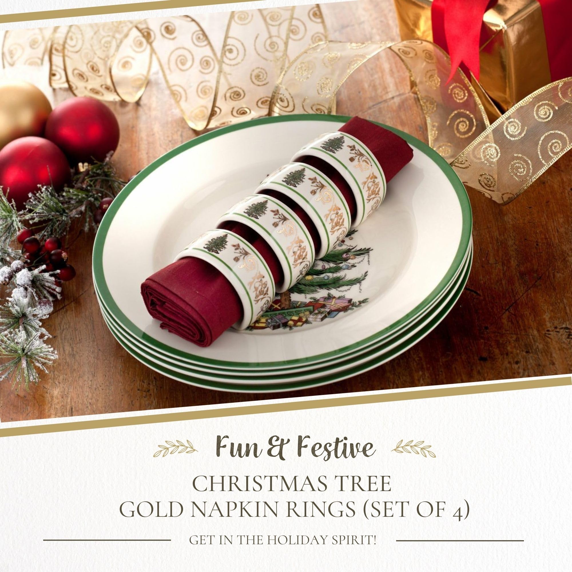 Spode Christmas Tree Gold Napkin Ring  Set of 4 Christmas Napkin Rings  made of Fine Porcelain  2.75 Inch Perfect for Christmas D?cor or Holiday Gift