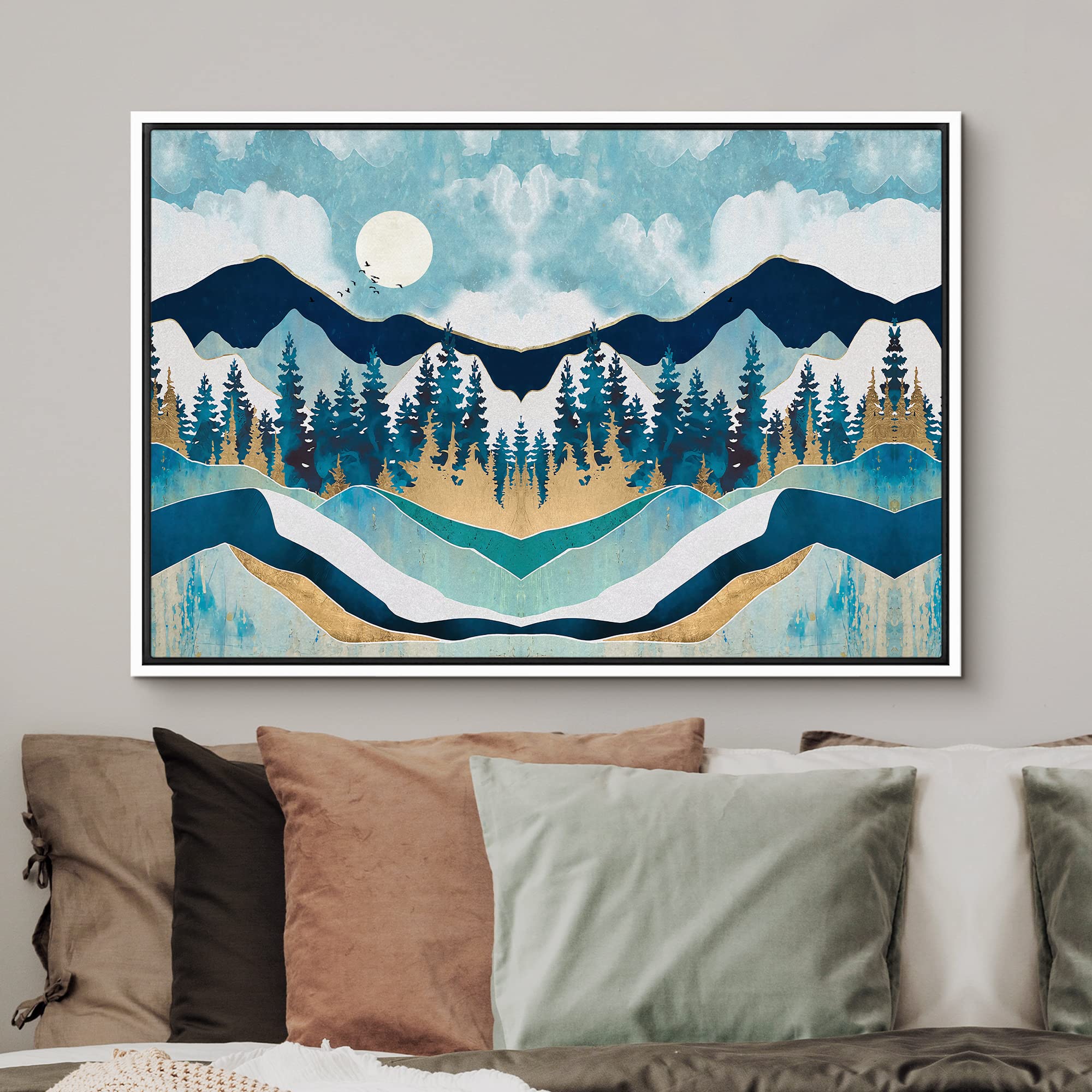 Signford Framed Canvas Print Wall Art Woodland Nursery Decor Symmetrical Teal & Blue Forest & Mountains Abstract Wilderness Mode