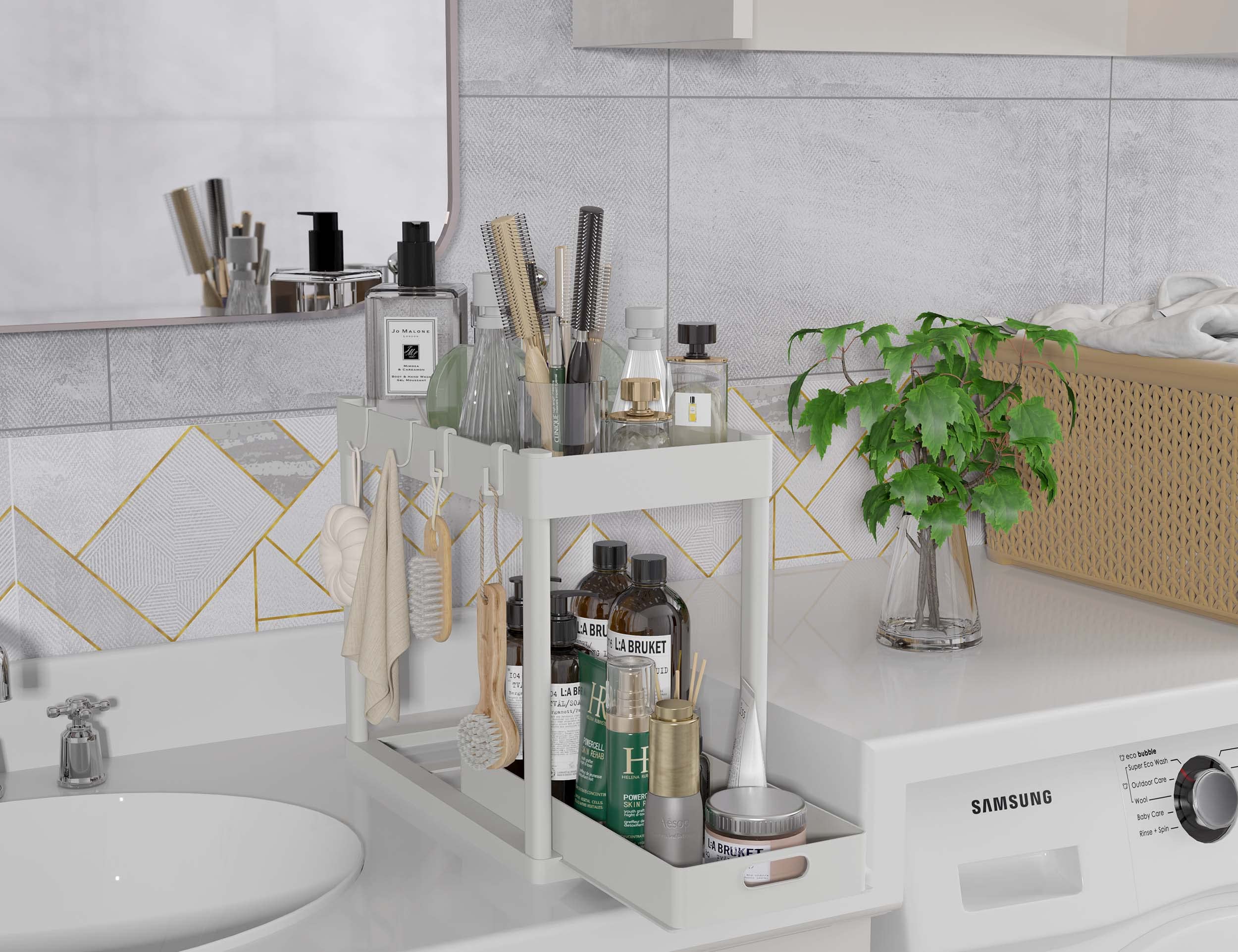 2Pc Under Sink Organizer Rack 2 Tier Under Sliding Cabinet Basket Organizer Drawer With 4 Hooks, Multi-Purpose Under Sink Storag