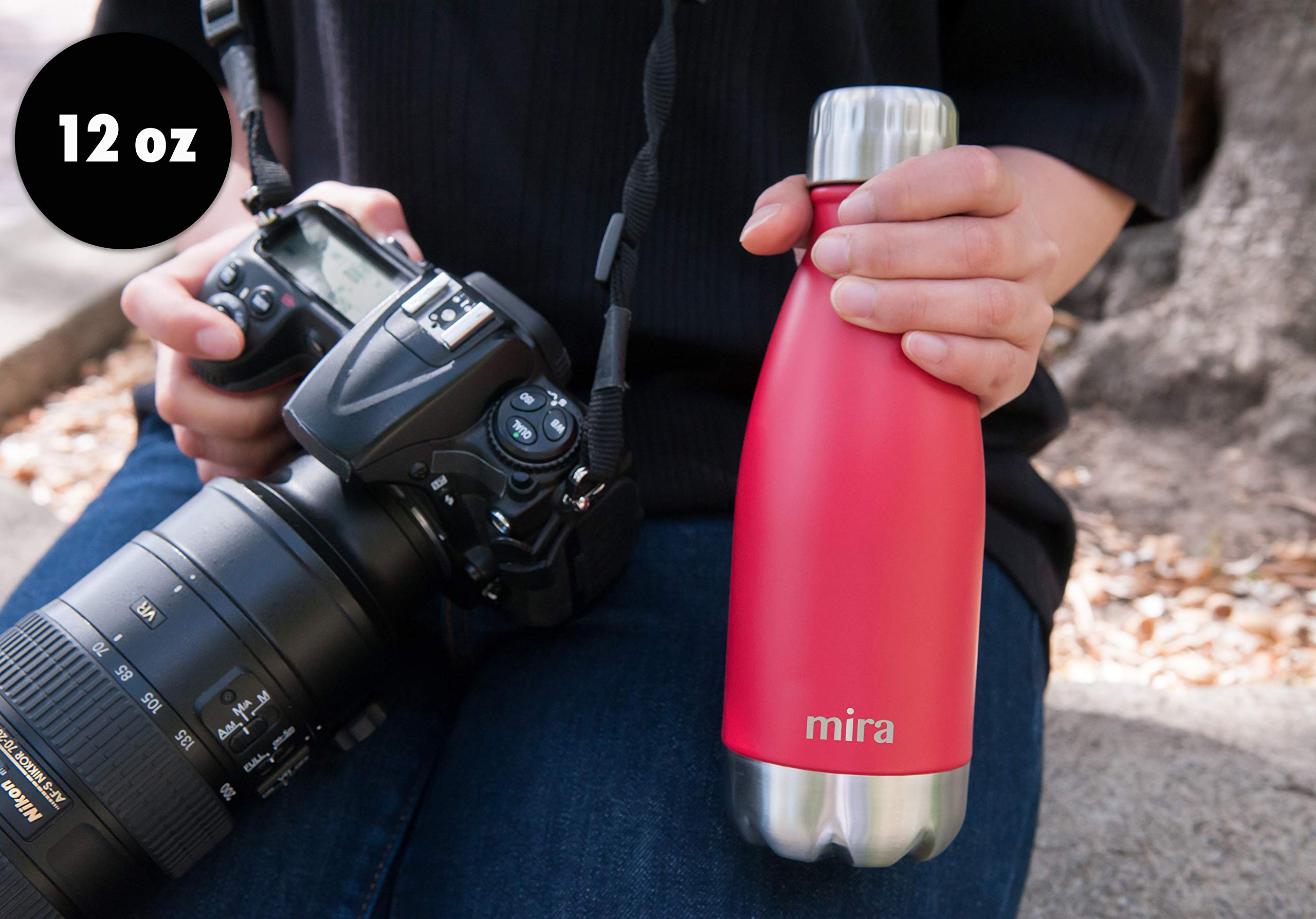 MIRA 12 oz Stainless Steel Vacuum Insulated Water Bottle - Double Walled Cola Shape Thermos - 24 Hours Cold  12 Hours Hot - Reusable Metal Water Bottle - Kids Leak-Proof Sports Flask - Matte Black