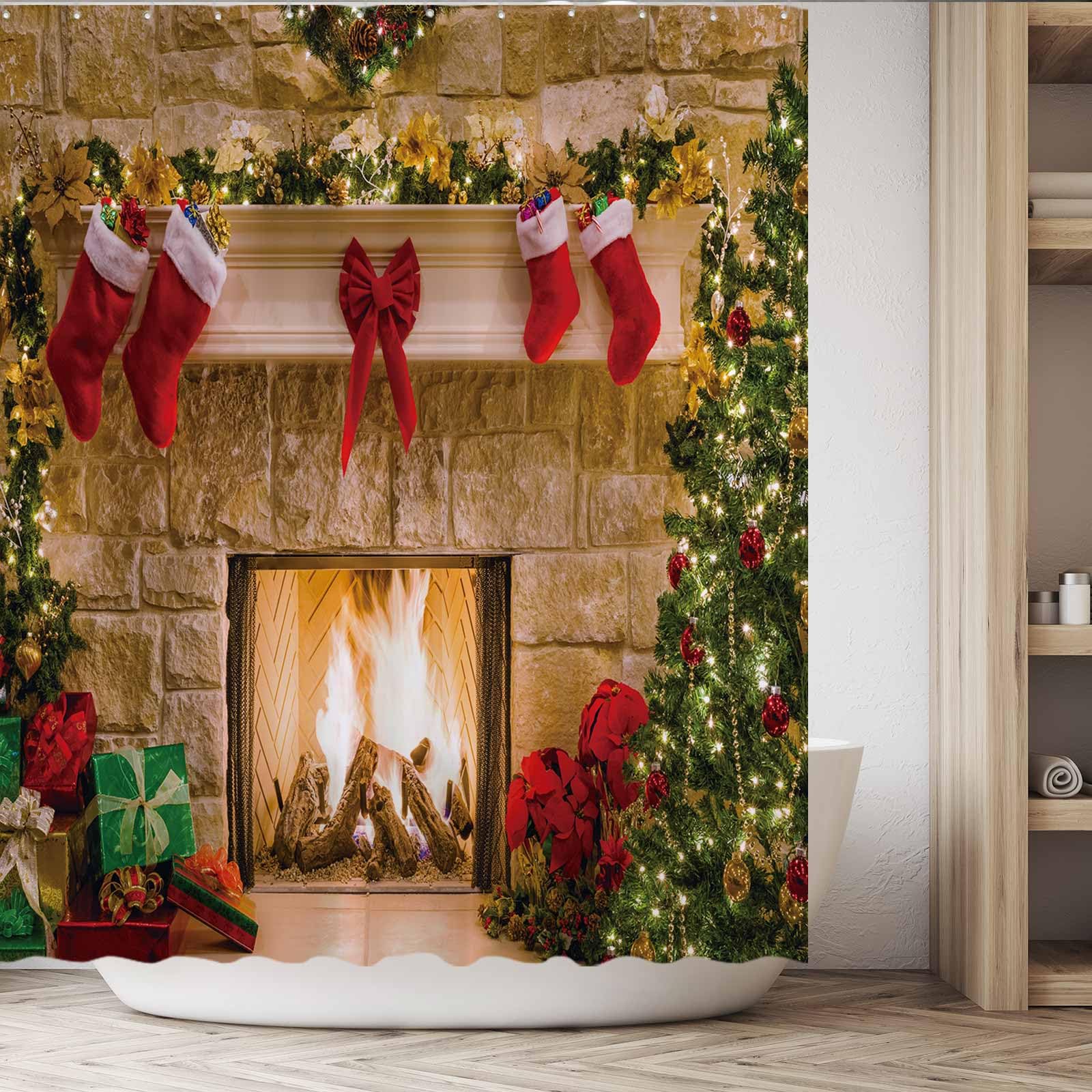 Funnytree 72''X72'' Christmas Fireplace Winter Interior Xmas Tree Stockings Home Shower Curtain For Bathroom Decor Machine Washa