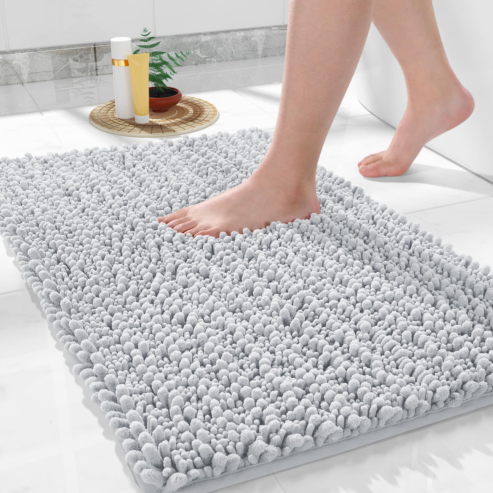 Yimobra Original Luxury Chenille Bath Mat  32 x 20 Inches  Soft Shaggy and Comfortable  Large Size  Super Absorbent and Thick  Non-Slip  Machine Washable  Perfect for Bathroom  Silver