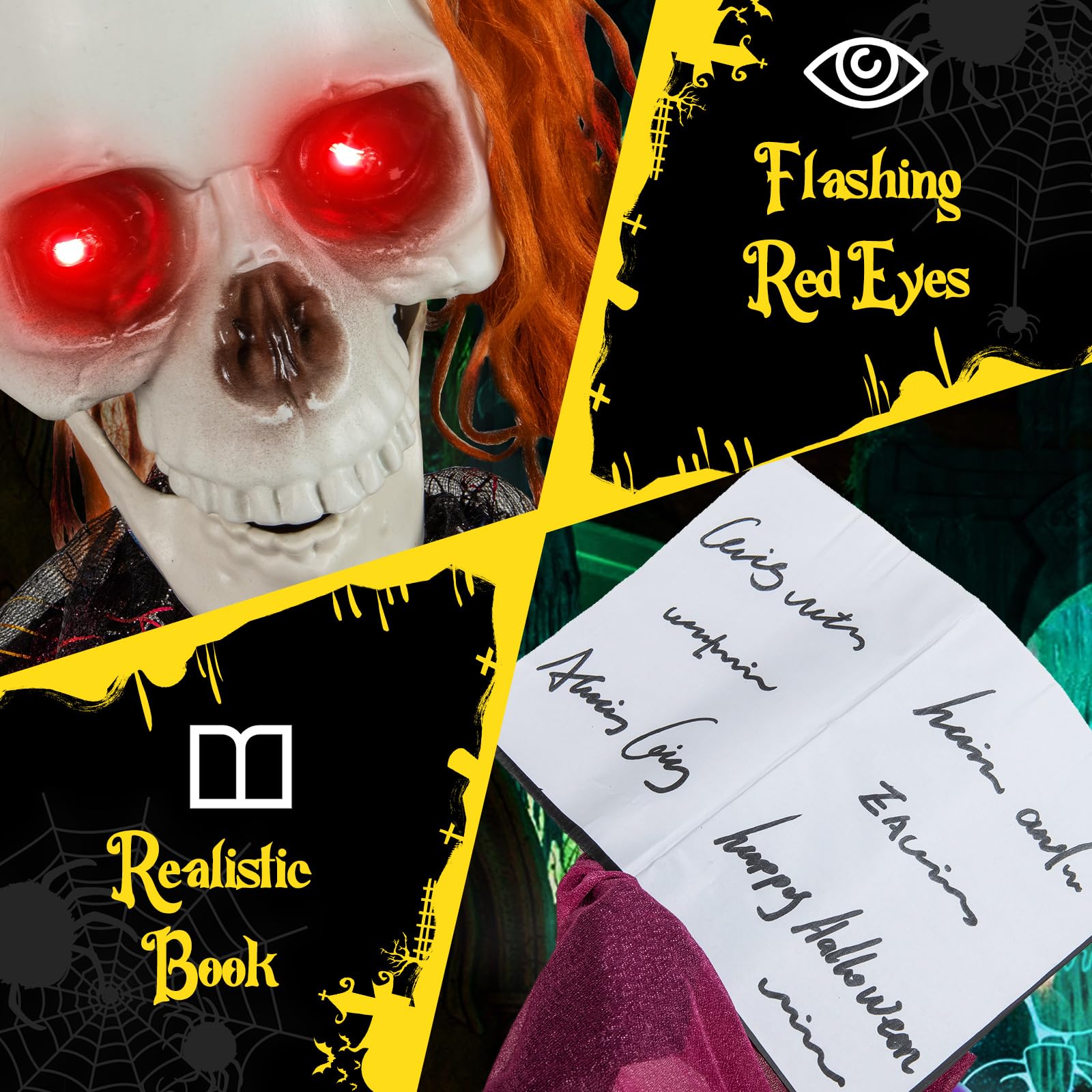 Tangkula 6 FT Halloween Animatronic Skeleton Girl with Book, Scary Animated Prop with Howling Sounds, Red Flashing Eyes & Poseab