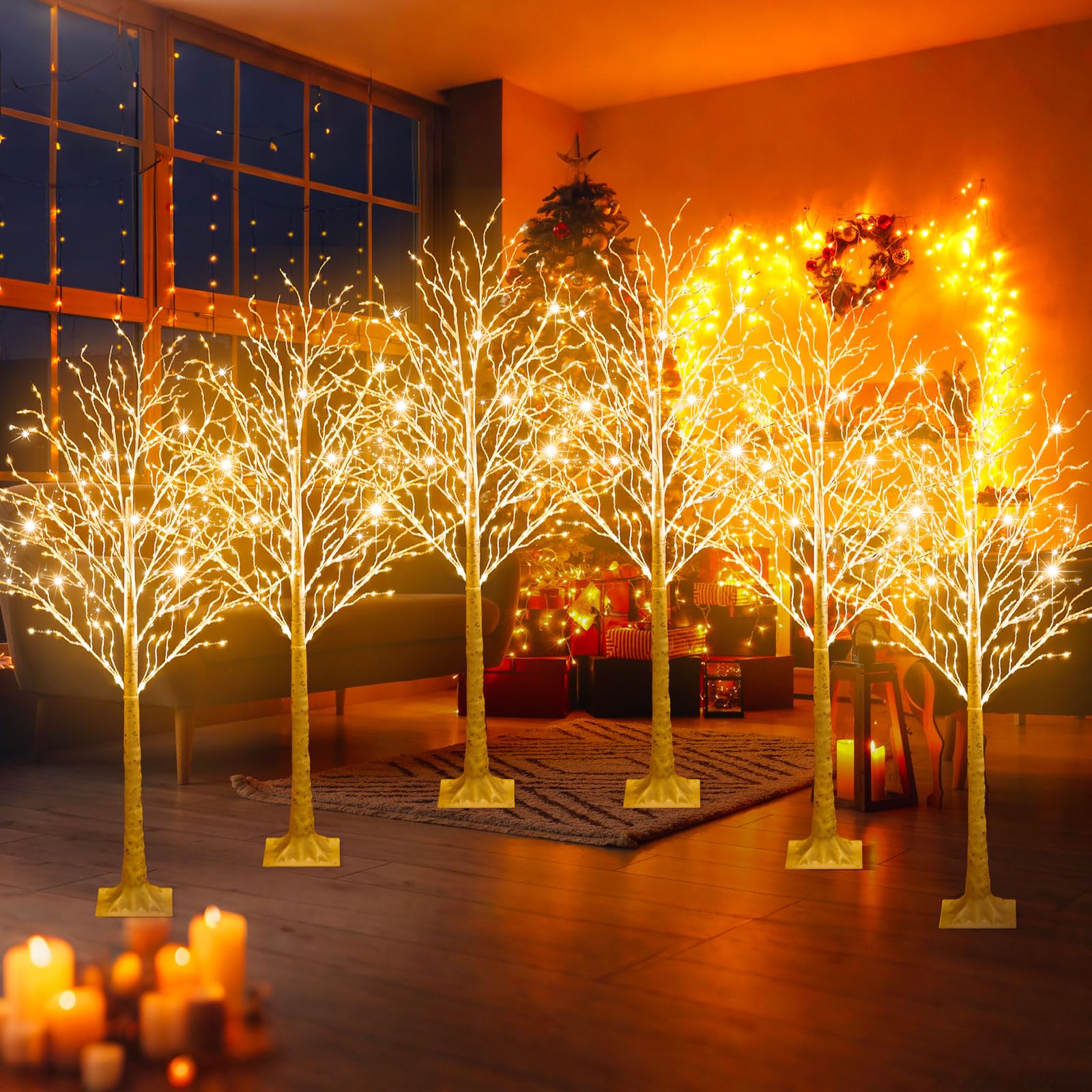 Aurelema 6 Pcs 6ft-400led Lighted Birch Tree 8 Modes Christmas Artificial LED Warm White Lights Birch Tree for Indoor and Outdoo