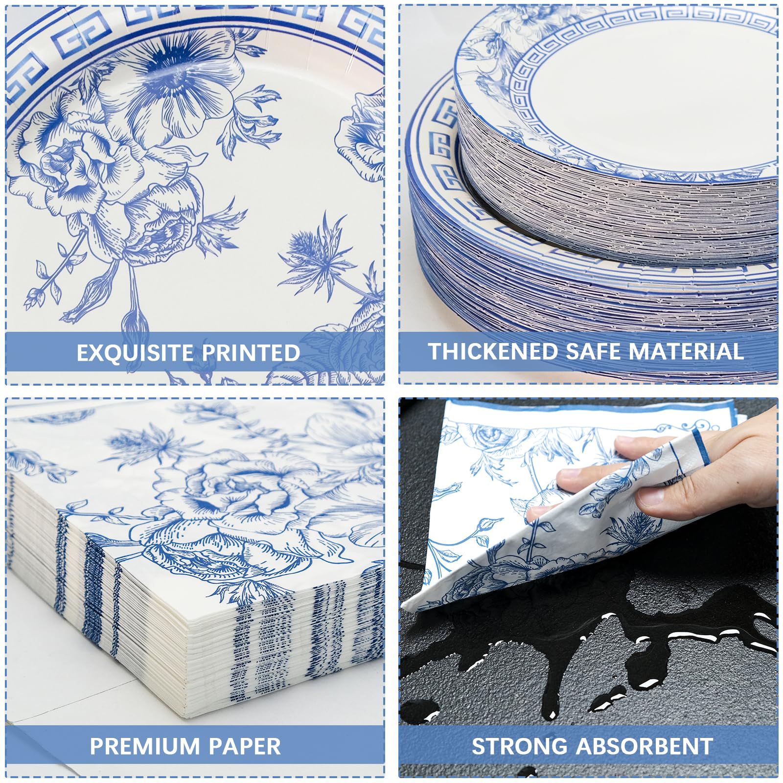 180Pcs Blue White Floral Party Supplies Serve 60, Blue Flower Party Paper Plates And Napkins Kit For Bridal Baby Shower Wedding