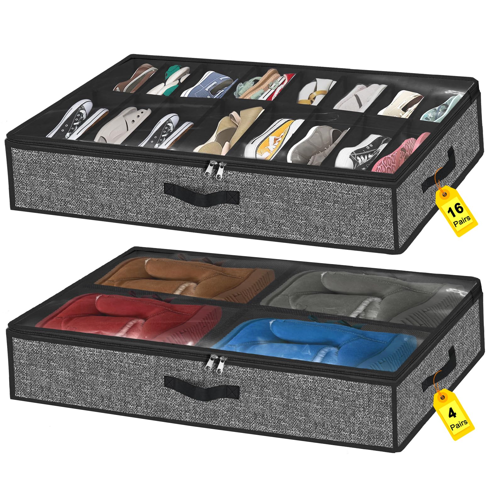 Under Bed Shoe Storage Organizer Fits 16 Pairs Shoes and 4 Pairs Boots, Underbed Shoe Storage Boxes Bins, Organizador De Zapatos
