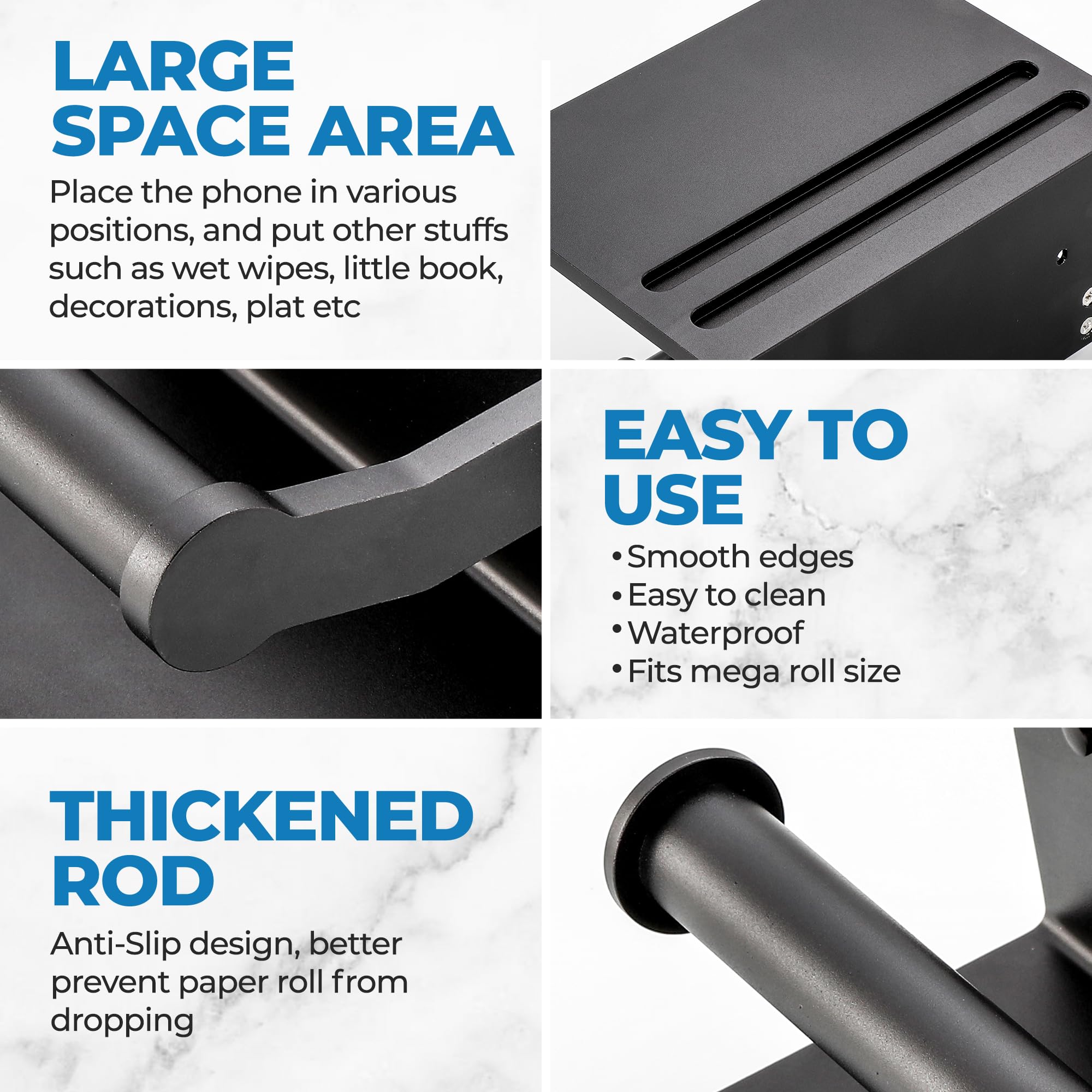 Smarthome Toilet Paper Holder with Shelf  Black Anti-Rust Aluminum Tissue Roll Holder with Mobile Phone Storage Shelf for Bathroom  3M Self Adhesive No Drilling or Wall Mounted with Screws