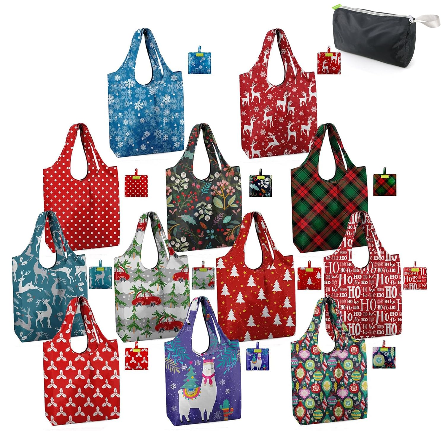BeeGreen Christmas Red Reusable Grocery Bags 12 Pack with Storage Pouch & Elastic Band Gift Bags Shopping Tote Bags Bulk Ripstop