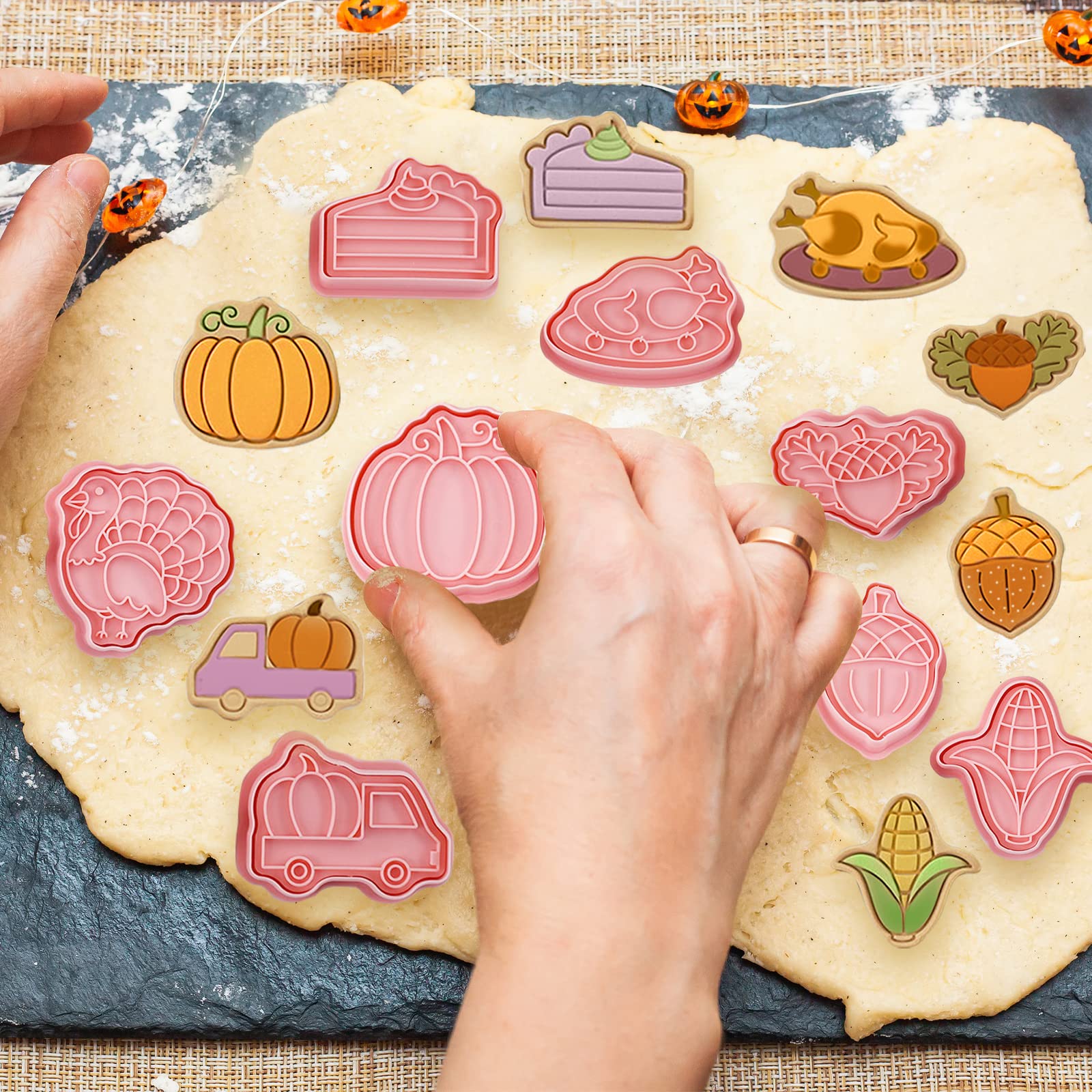 16 Pieces Fall Thanksgiving Cookie Cutters with Plunger Stamps Set Fall Biscuit Mold Maple Leaf Turkey Pumpkin 3D Cookie Stamper
