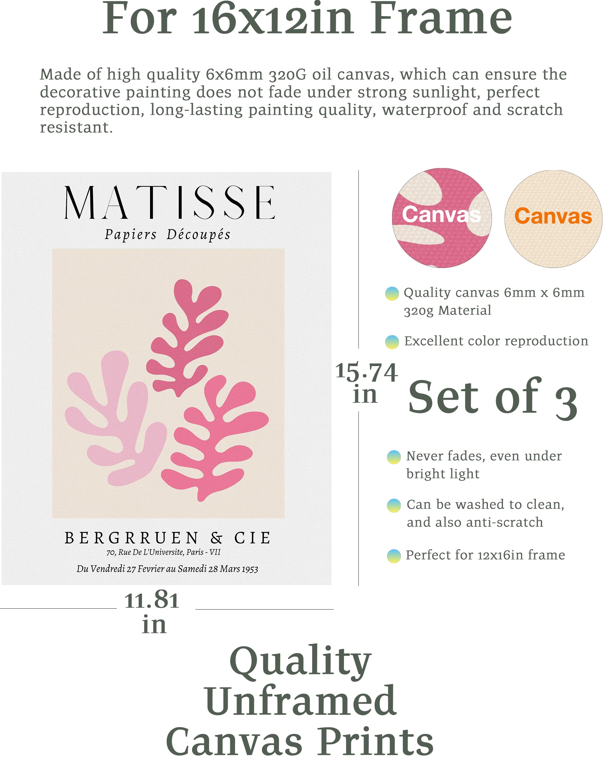 Hesendot Matisse Wall Art Decor Set Of 3,Abstract Matisse Wall Art Exhibition Posters,Unframed Sage Pink Wall Art,Truly Quality