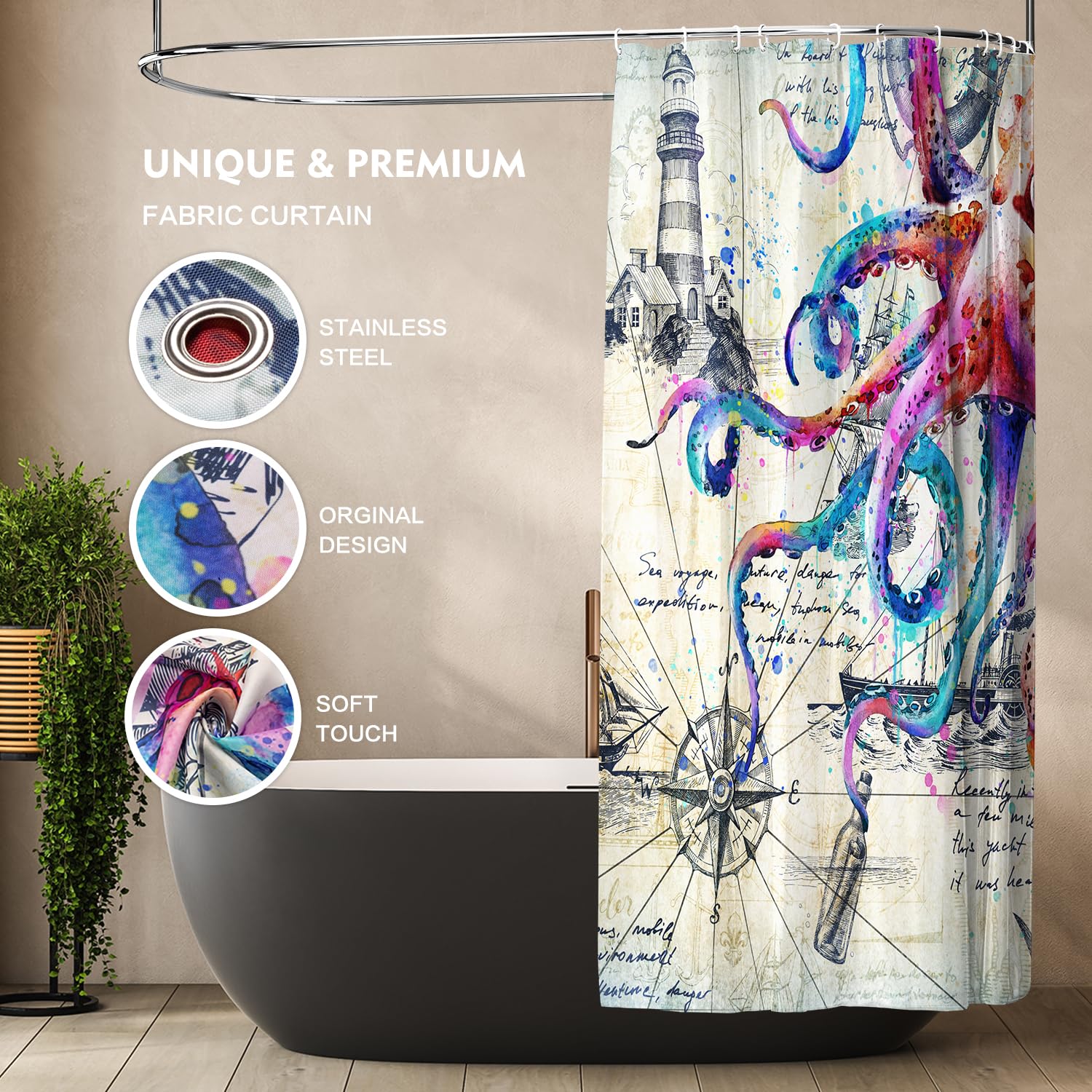 Colorful Nautical Octopus Shower Curtain Funny Ocean Kraken Shower Curtains For Bathroom Anchor Coastal Map Waterproof Fabric Sh