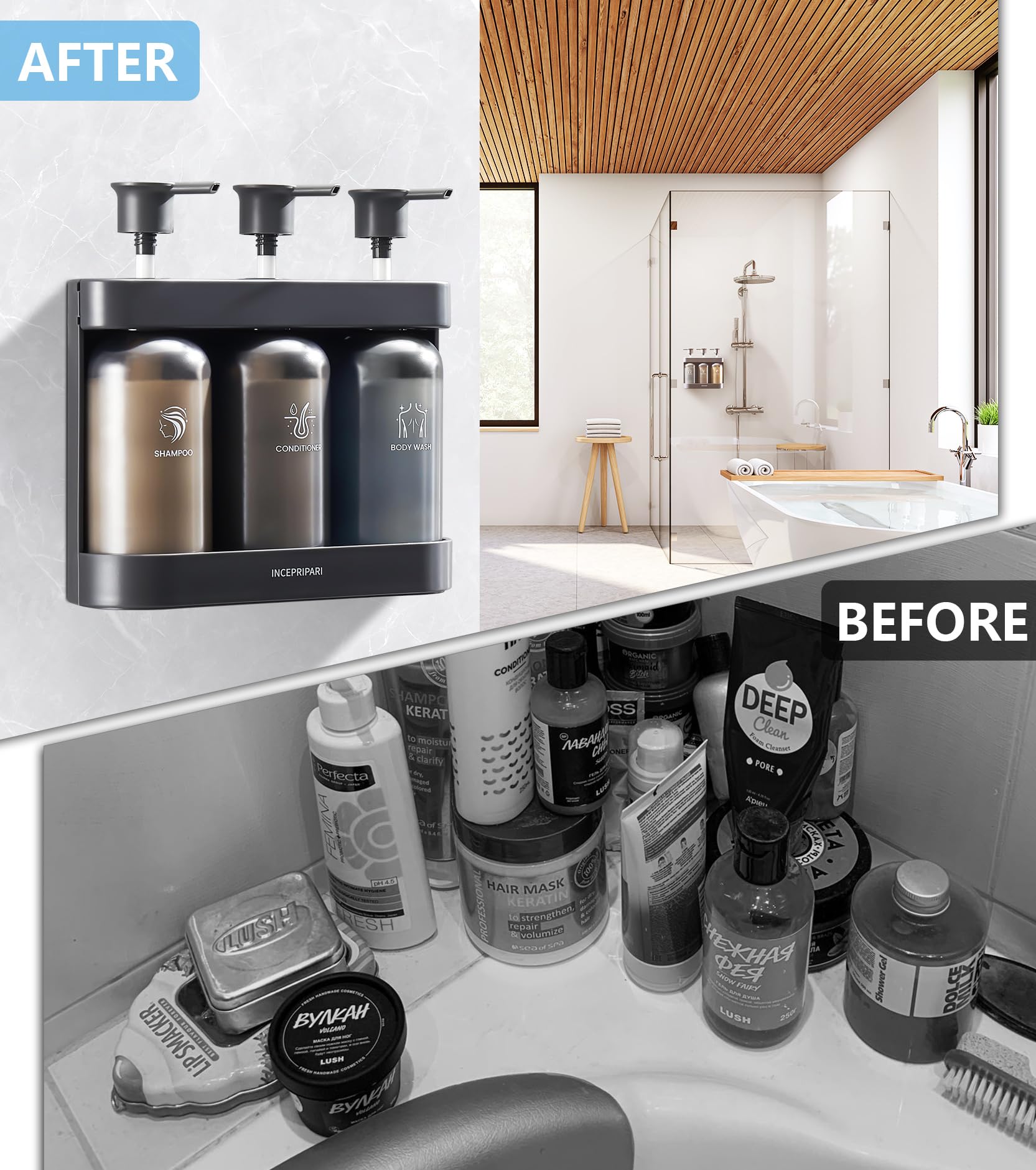 INCEPRIPARI Shower Dispenser - 3 Chamber Wall Mounted Shampoo and Conditioner, Black, No Drill, Plastic, Model IH3-P380