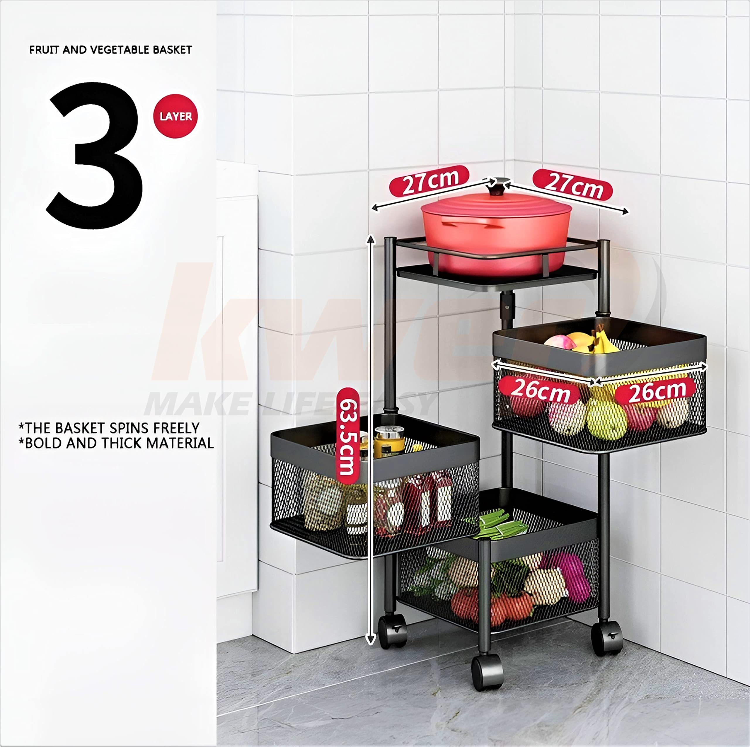 KWER Kitchen Trolley Square Onion Baskets for Storage Layer-3 Kitchen Accessories Items and Vegetable Basket for Kitchen Organiz