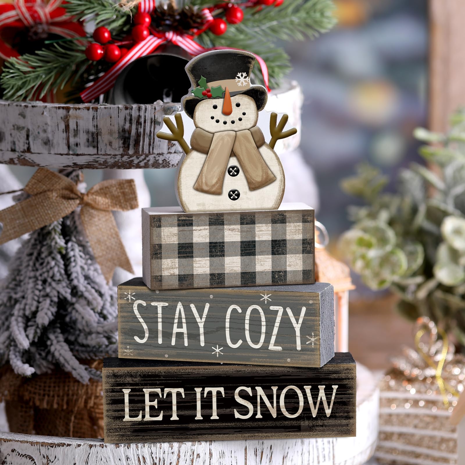 Yuntau 4 Pcs Christmas Winter Table Decorations Wooden Snowman Winter Tiered Tray Decor Rustic Block Signs Gift Farmhouse Christ
