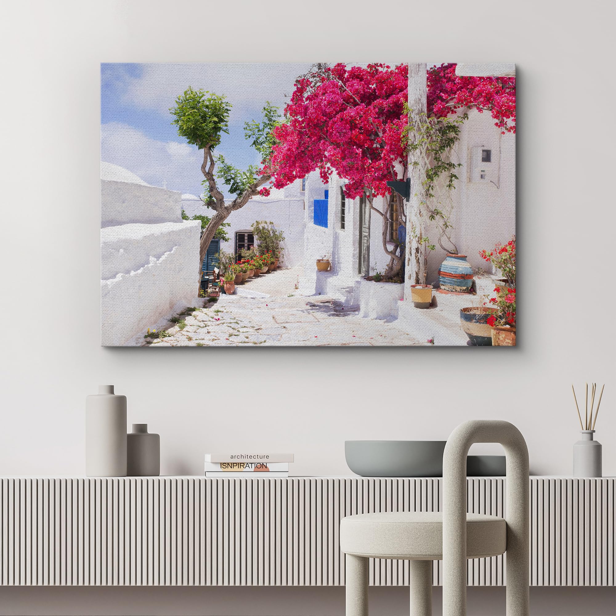 Wall26 Canvas Print Wall Art Santorini Greece Pink Flowers Nature Wilderness Photography Realism Landscape Scenic Bohemian Rusti