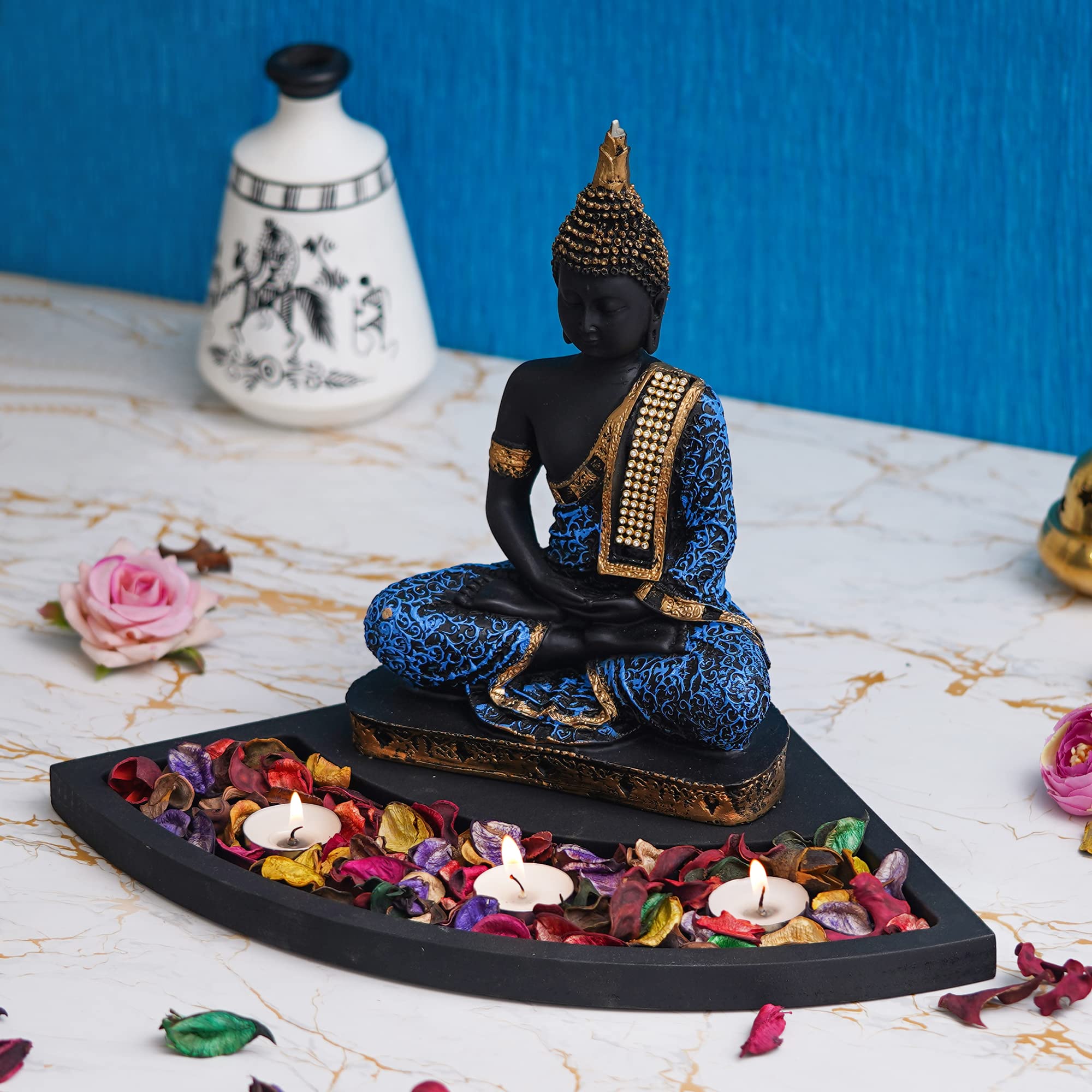Ecraftindia Blue Resin Meditating Lord Buddha Statue Tea Light Candle Holder| Buddha Idol Tea Light Holder Diwali Decoration Ite