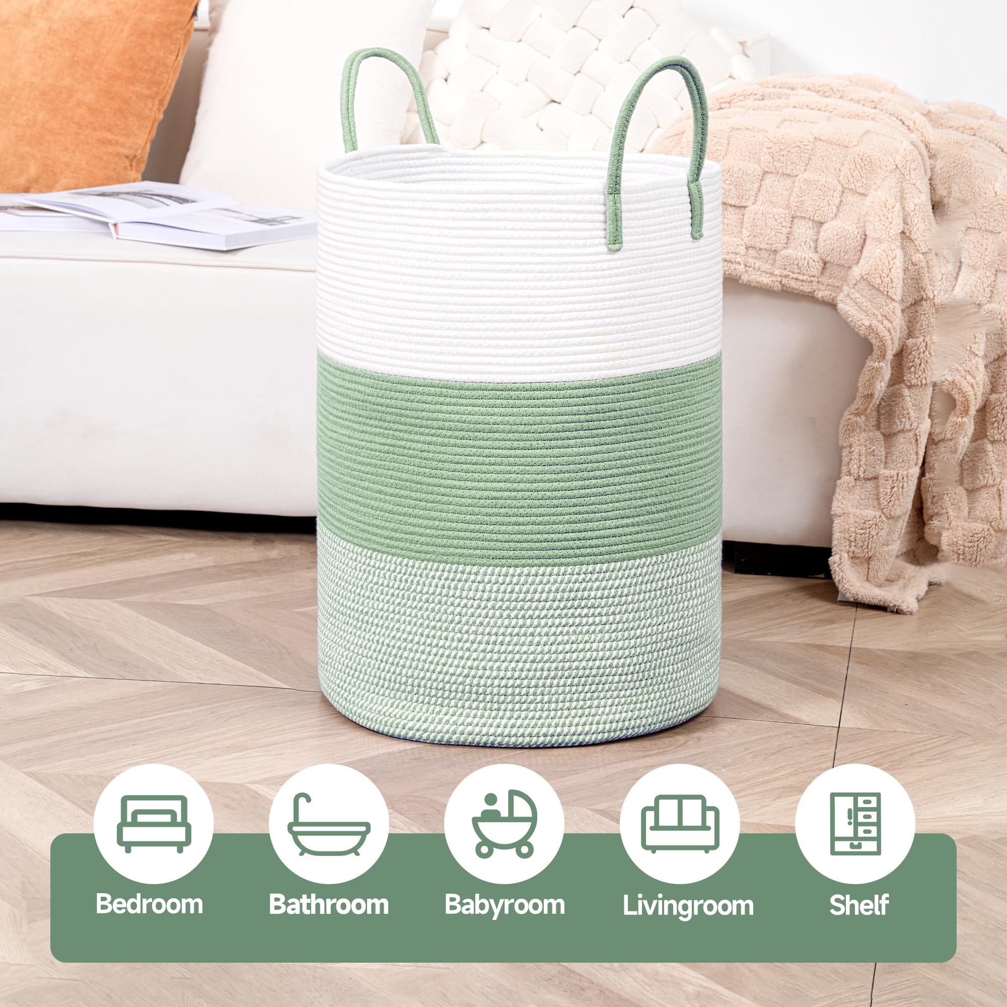 Clhmily&Z 80L Laundry Basket Round Storage Rope Basket - 16.5X22.5 Inches - Green Hamper In Bedreoom And Cute Storage Bin For Bl
