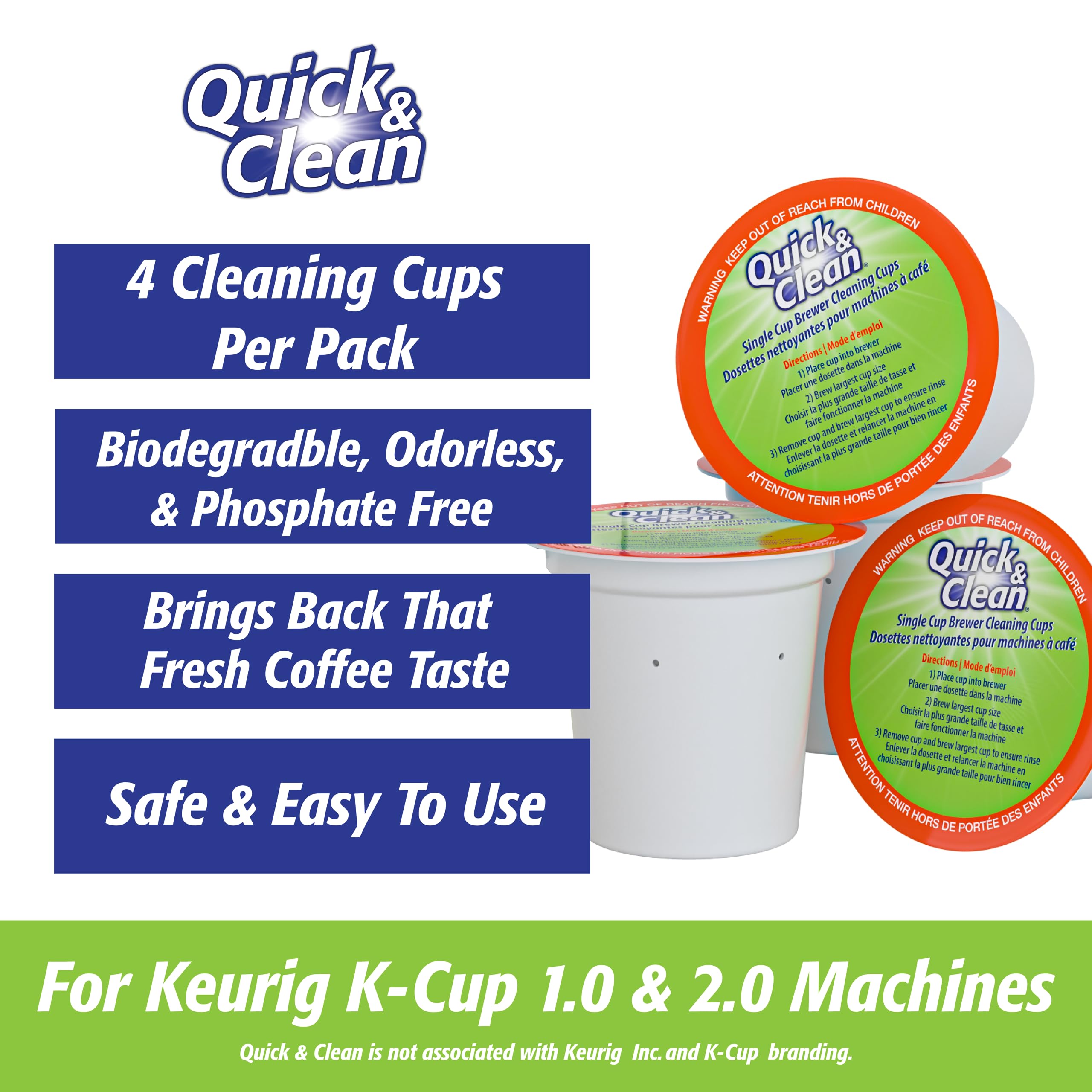 Quick & Clean 4-Pack Of Cleaning Cups + 2 Filters With Descaler Bundle (2 Total Uses) - 2.0 Compatible, Descaling Solution For K