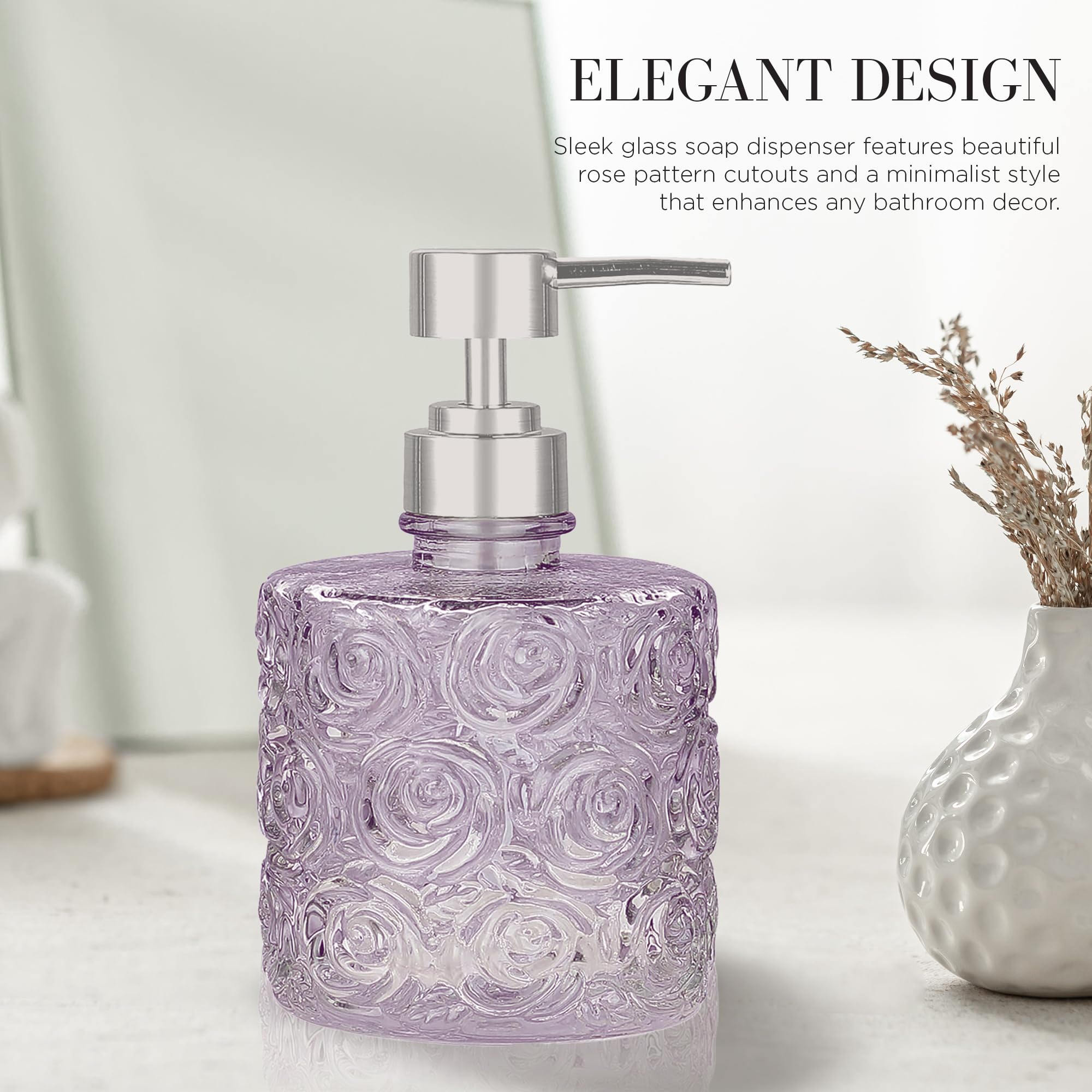 Marcella Glass Soap Dispenser With Soap Pump, Refillable 14 Ounce Capacity, Floral Design Rose Patterns, Heavy Weight Thick Glas