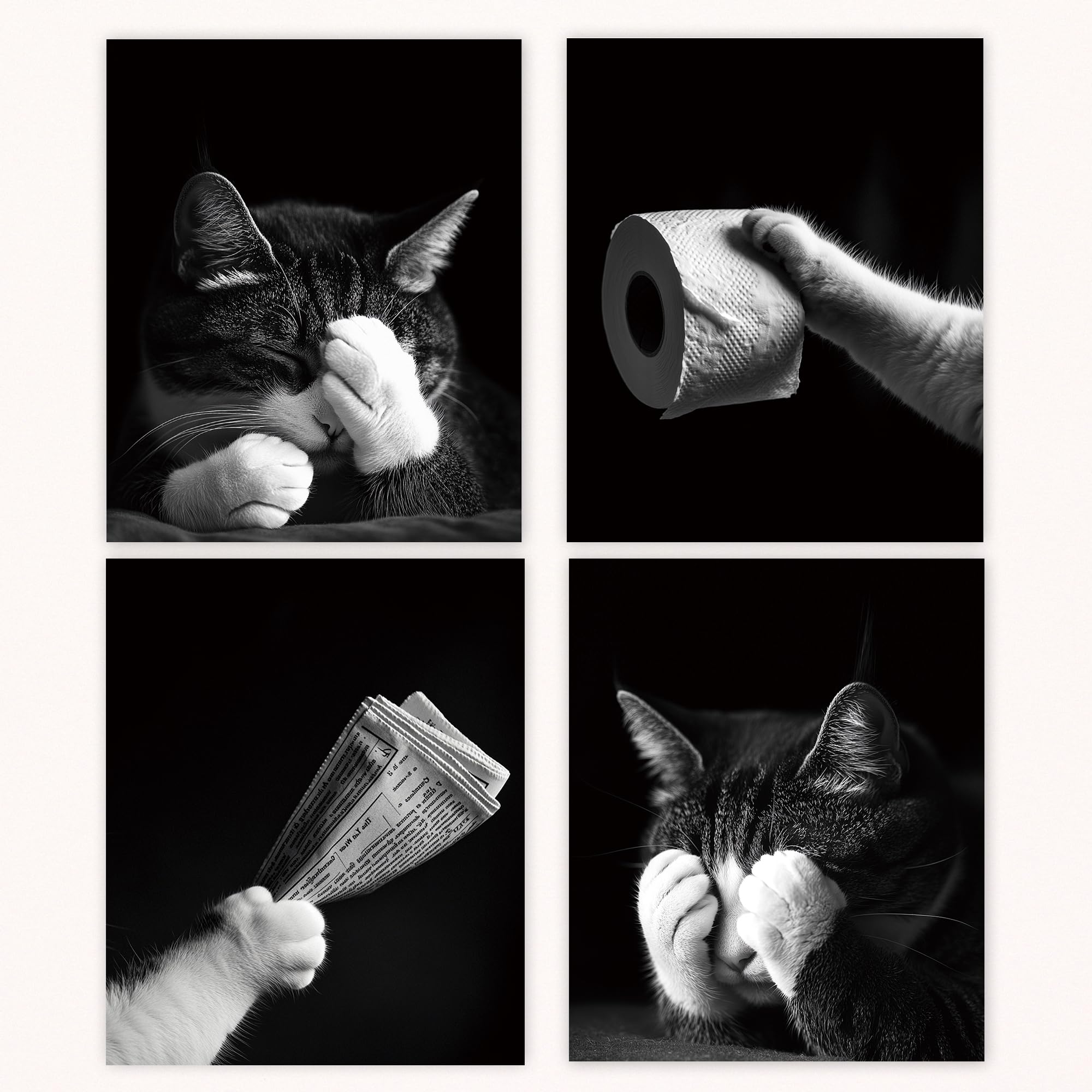 Funny Cat Bathroom Canvas Wall Art Prints Set Of 4, Cat Bathroom Decor, Cute Newspaper Pet Kitten Toilet Posters Pictures Wall D