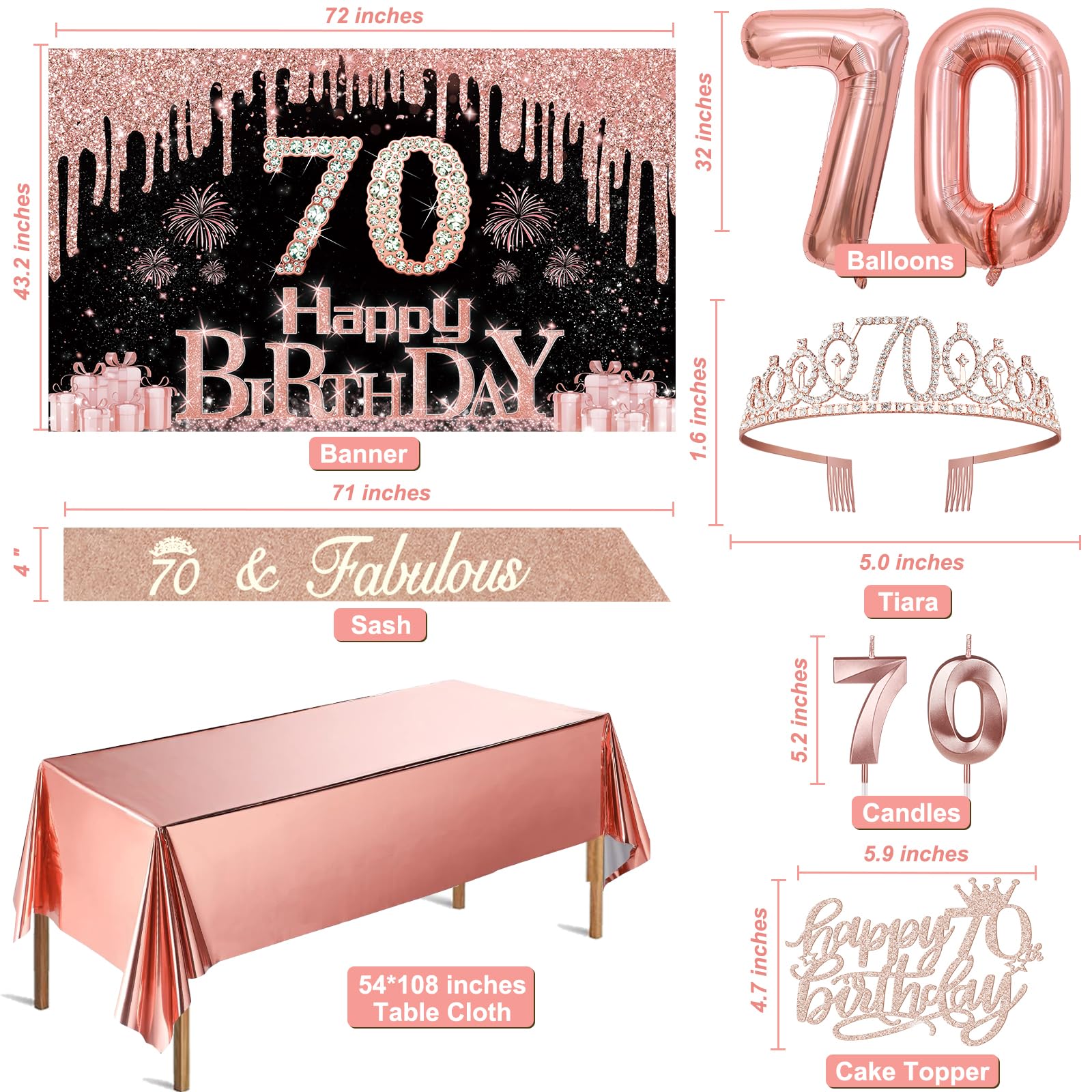 70Th Birthday Decorations For Women With Banner, Rose Gold Tablecloth, Number Balloons, 70Th Birthday Sash And Tiara, Cake Toppe