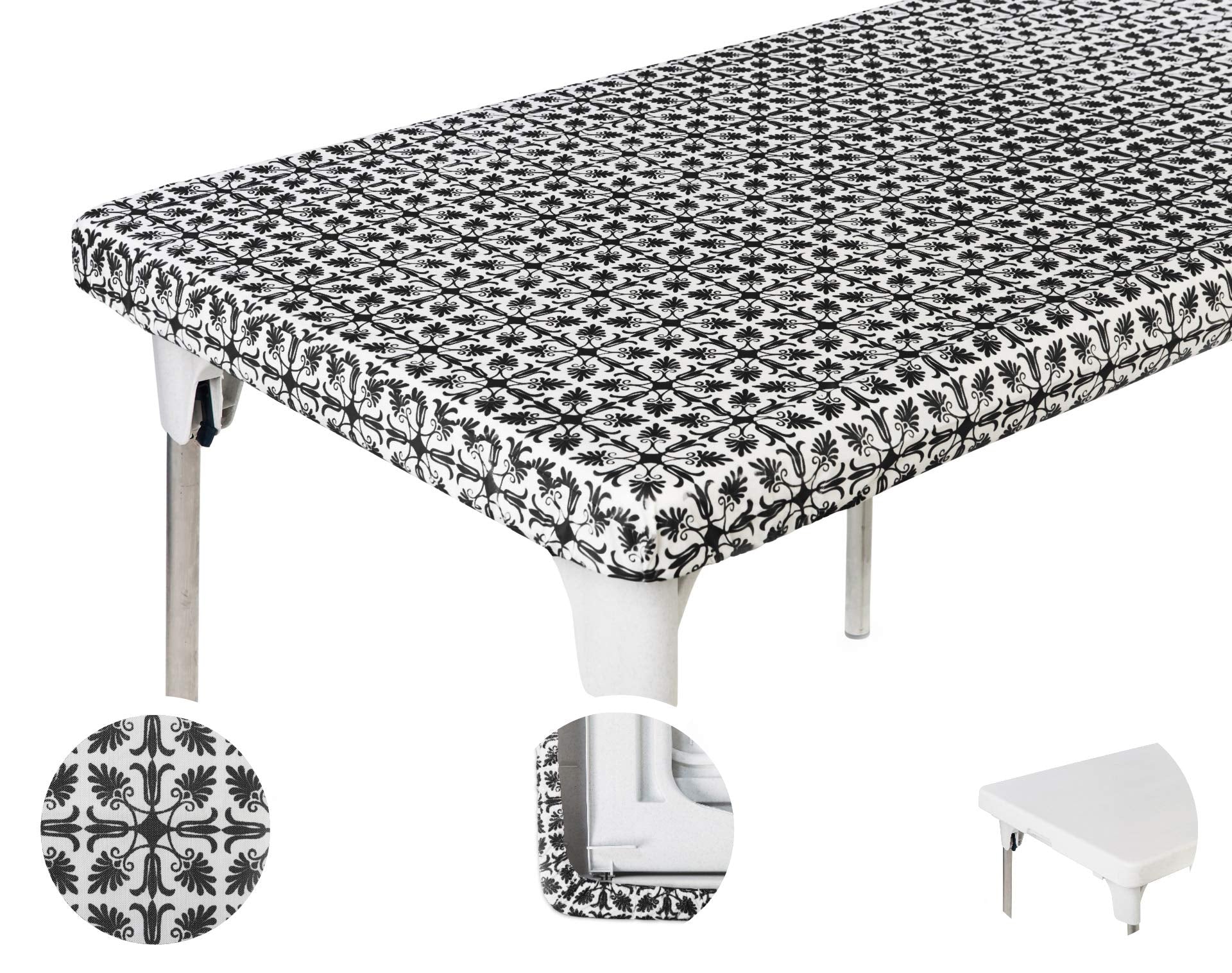 Toptablecloth 8Ft 96 X 30 Inch Black Patterned Plastic Rectangle Tablecloths Elastic Corner Vinyl Christmas Tablecloth Fitted Re