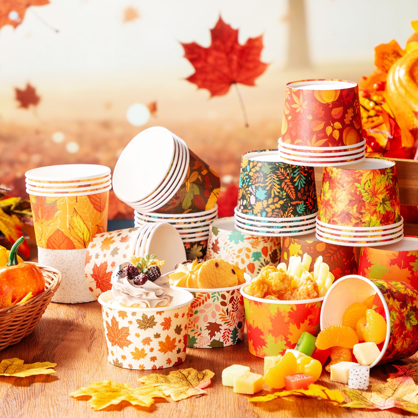 Yungyan 50 Pcs Fall Snack Cups 9 oz Disposable Ice Cream Bowls Pumpkin Maple Leaves Paper Dessert Cups for Thanksgiving Harvest