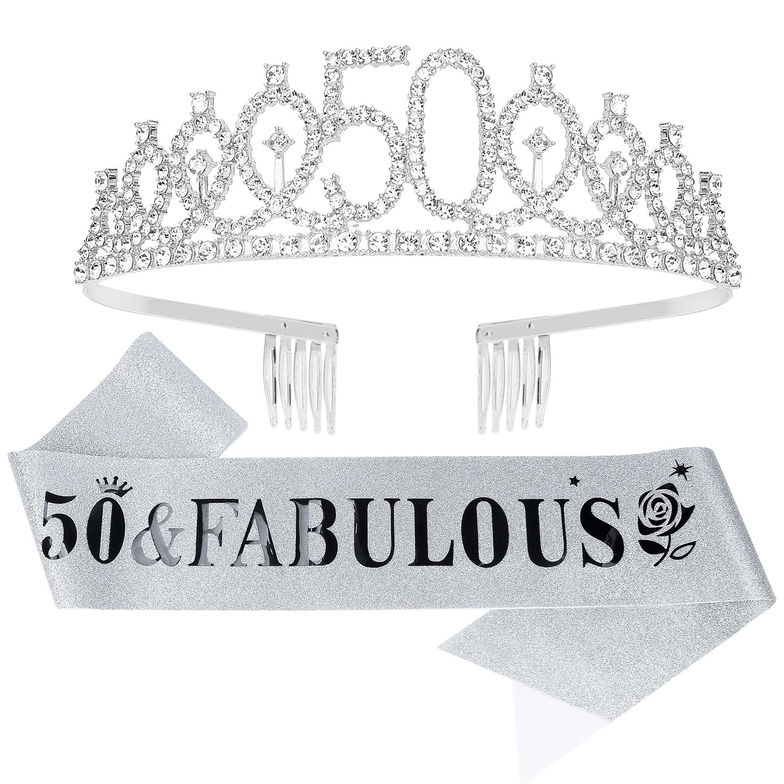 50Th Birthday Sash And Tiara For Women,Silver Birthday Sash,Queen Crown, 50 And Fabulous'' Sash And Tiara For Women,50Th Birthda