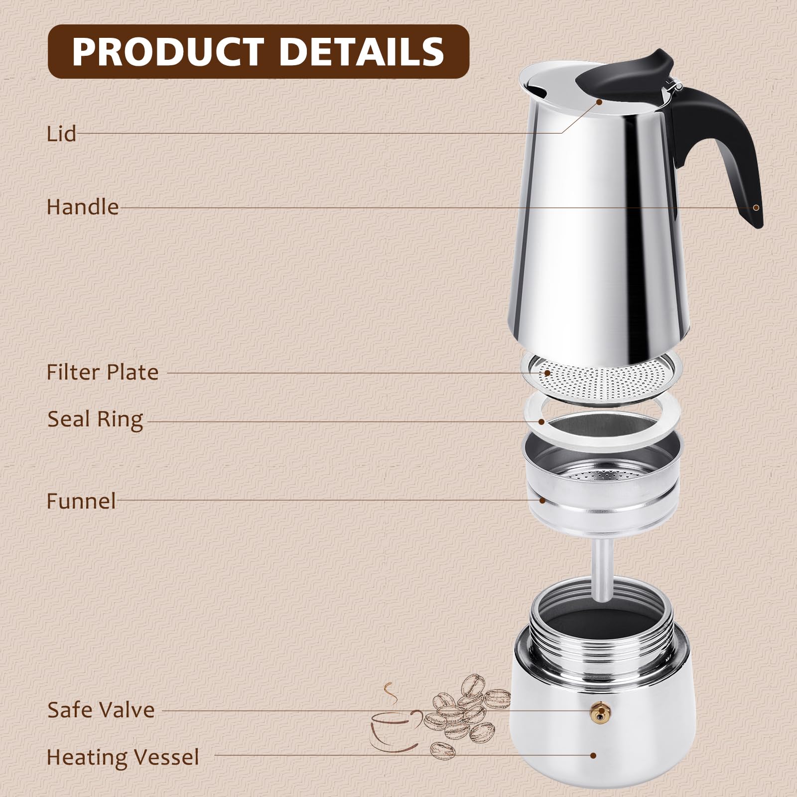 Vonates Stovetop Espresso Maker, 6 Cup Moka Pot, Italian Coffee Maker Percolator, Stainless Steel Espresso Pots, 300Ml/10Oz(Espr