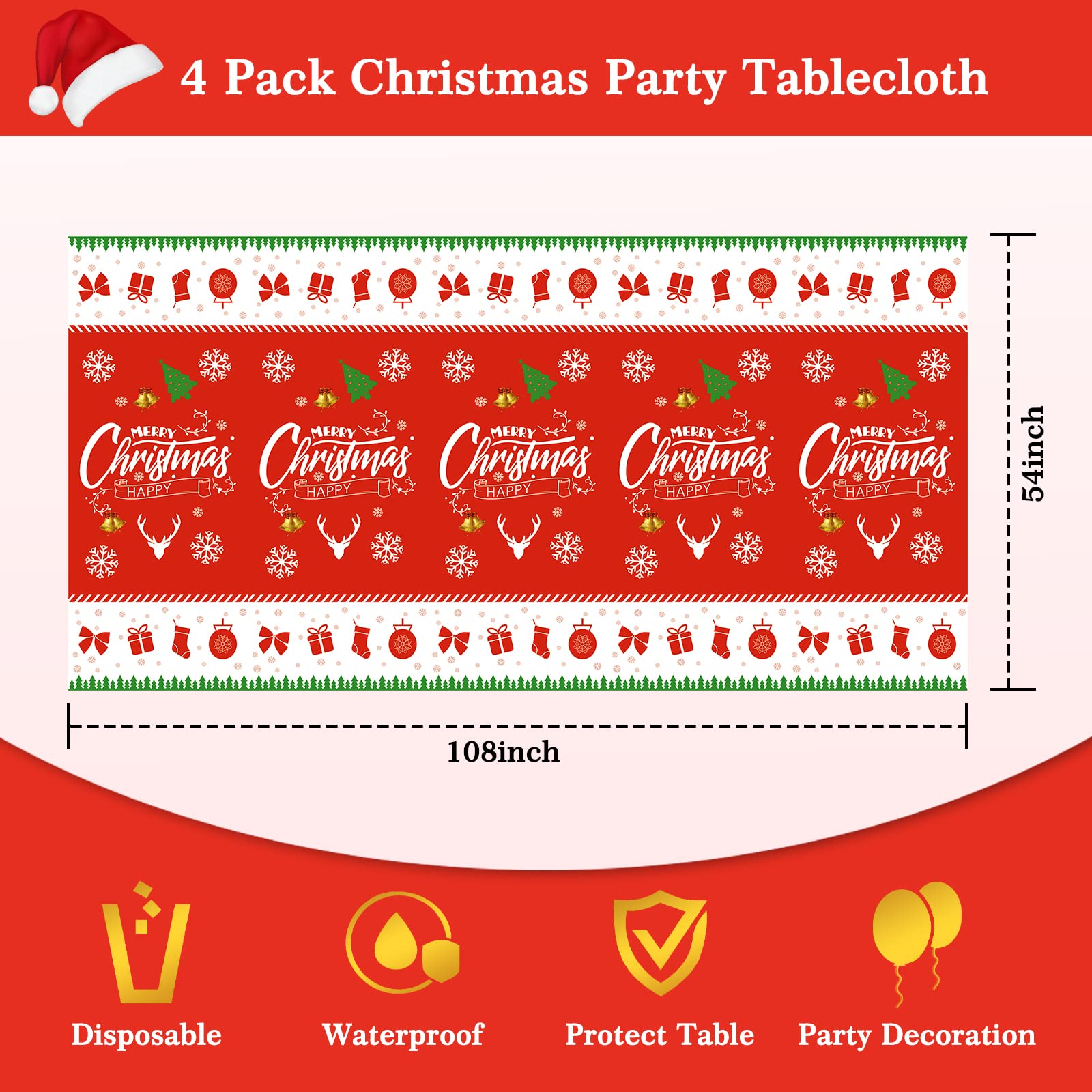 3 Pack Christmas Tablecloth, Disposable Plastic Christmas Table Cloth Rectangle 54X108 Inch, Christmas Tree Snowflake Bell Deer