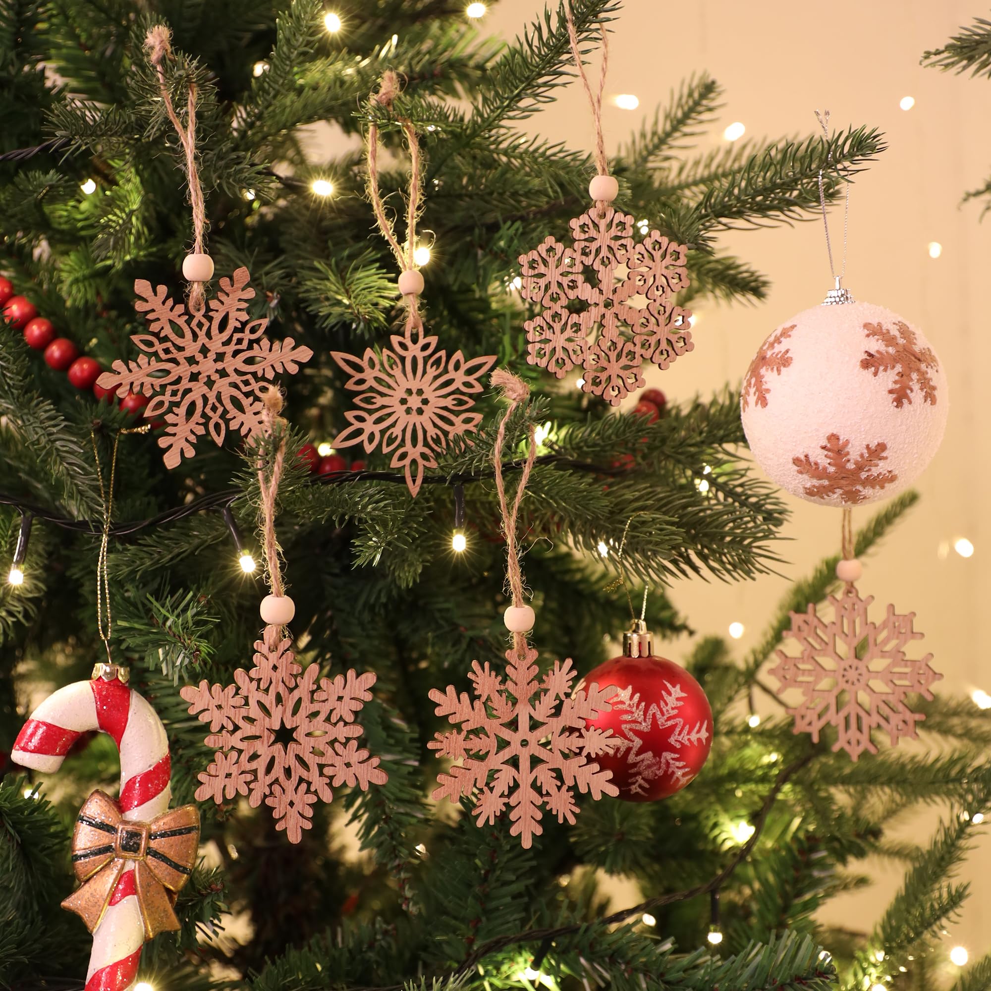 24 Pieces Wooden Christmas Snowflakes Ornaments 3inch Snow Flake Hanging Ornament for Rustic Christmas Tree Decoration Holiady G