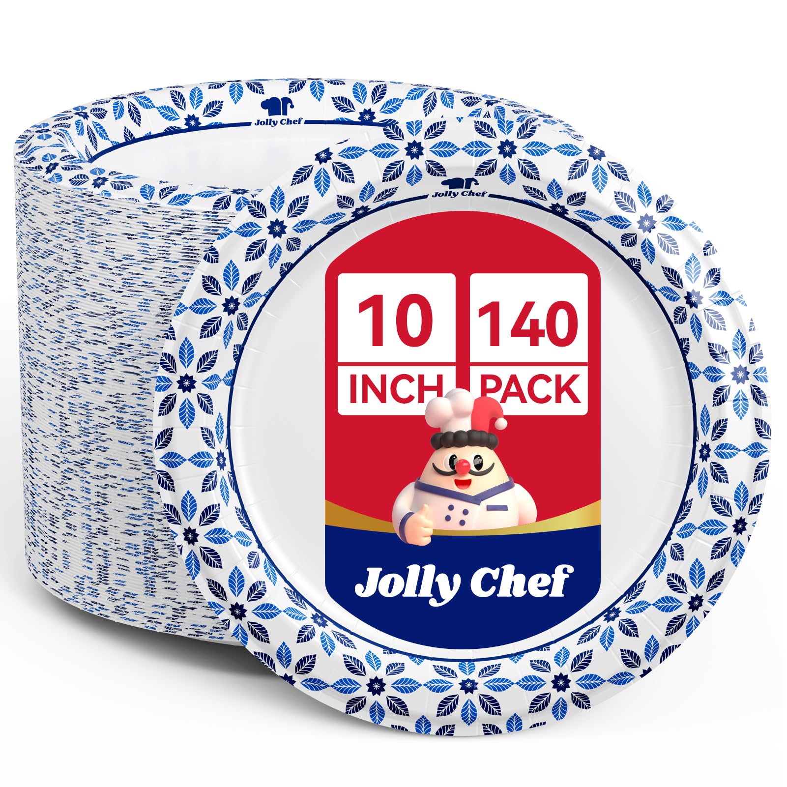 JOLLY CHEF 10 inch Disposable Paper Plates 140 Count  Soak Proof  Cut Proof  Microwave Safe Heavy Duty Paper Plates for Everyday Use
