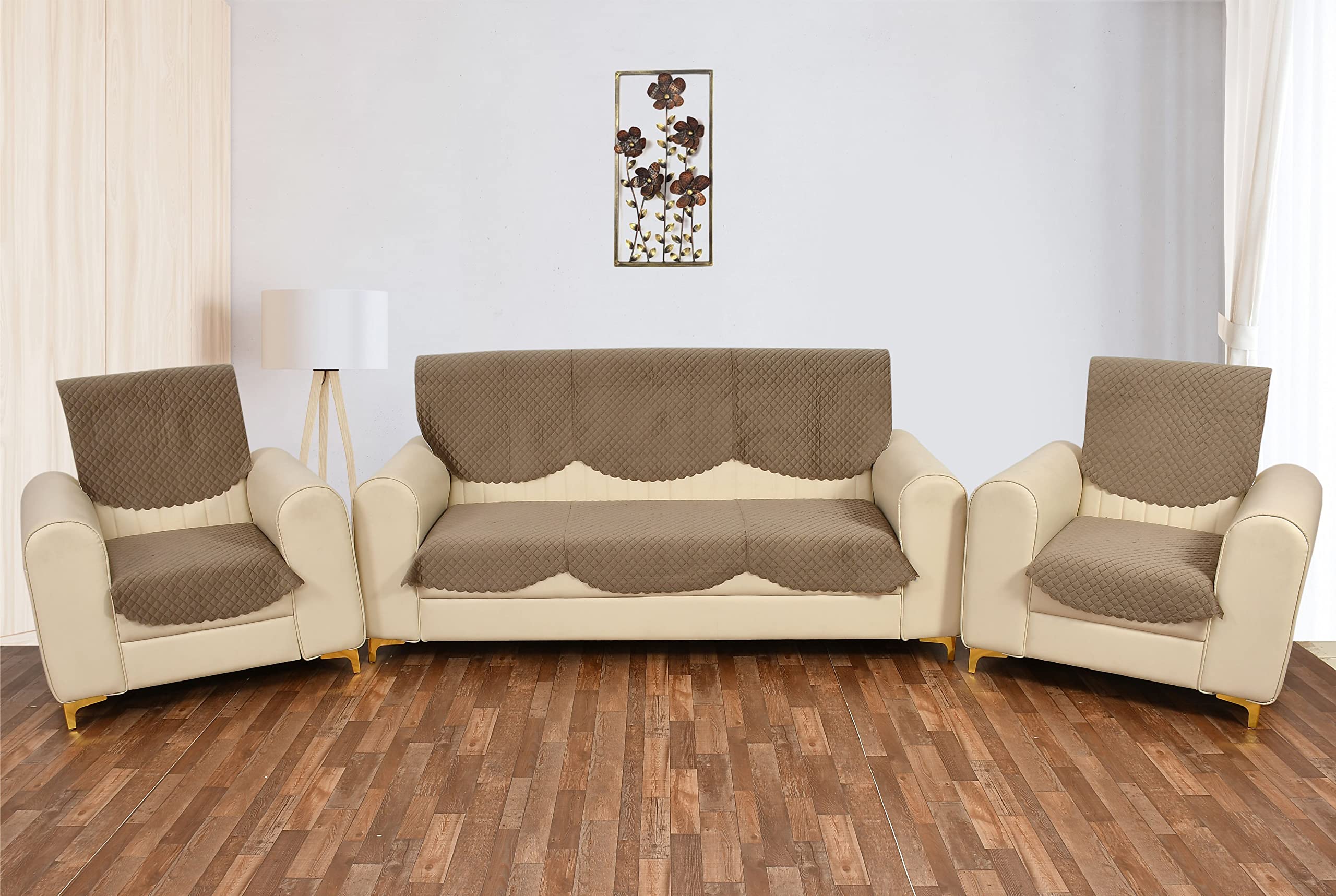 Yellow Weaves Velvet 5 Seater Self Design Quilted Sofa Cover And Chair Cover, Seat&Back Cover, Color - Greyish Brown