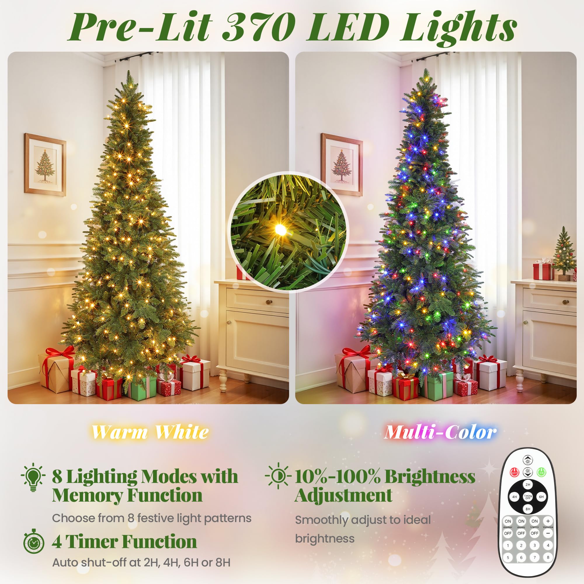 Chogglevue 7.5FT Pencil Rotating Artificial Christmas Tree - Green Tree with White & Multi-Color Lights, 370 LED Lights and 1142