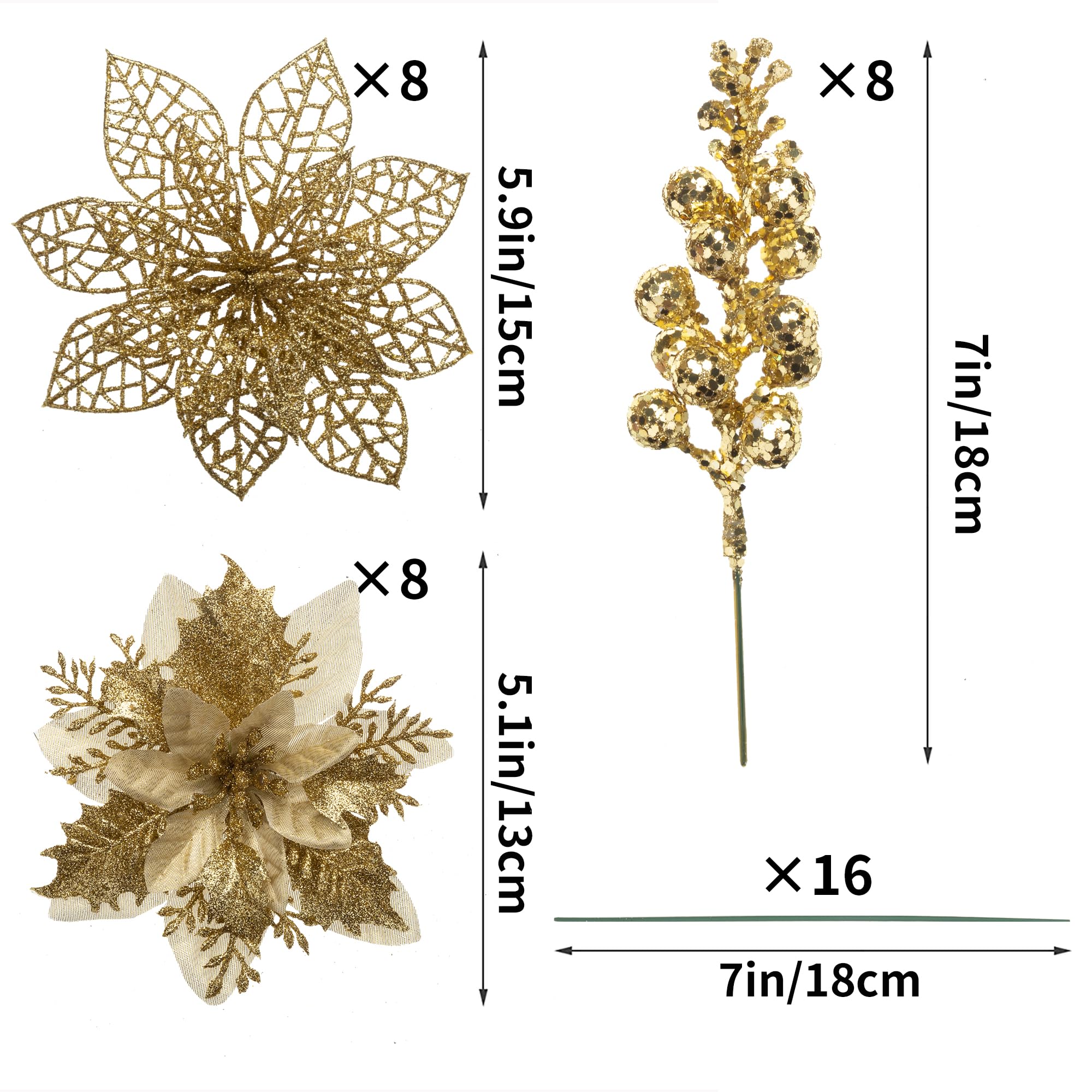 Jilimeli 24Pcs Christmas Poinsettia Artificial Flowers and Glitter Berries Kit, 2 Styles Total 16Pcs Christmas Tree Flowers Orna