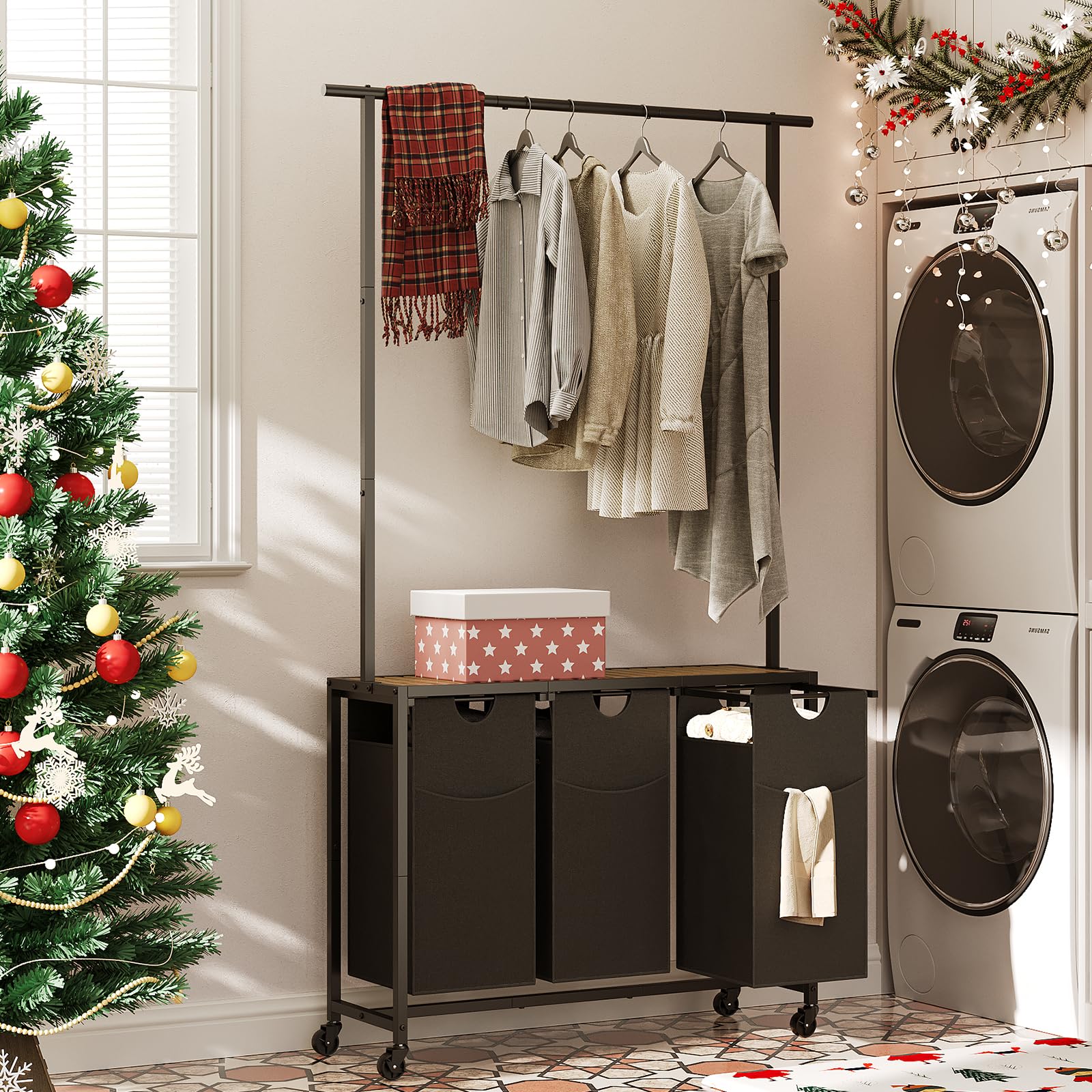 Yatiney Laundry Sorter, Laundry Hamper With Hanging Rack, Laundry Sorter 3 Section, Laundry Basket With Wheels, Hampers For Laun