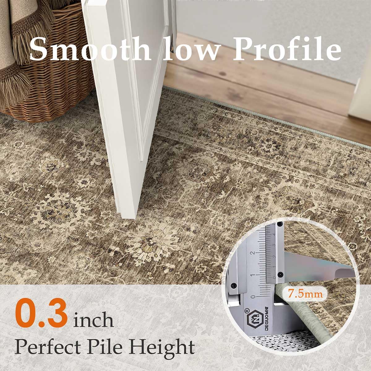 WondRg 3x8 Washable Runner Rug for Kitchen Hallway Brown Vintage Non-Slip Low Pile Distressed Rustic Carpet Lightweight Vacuumab