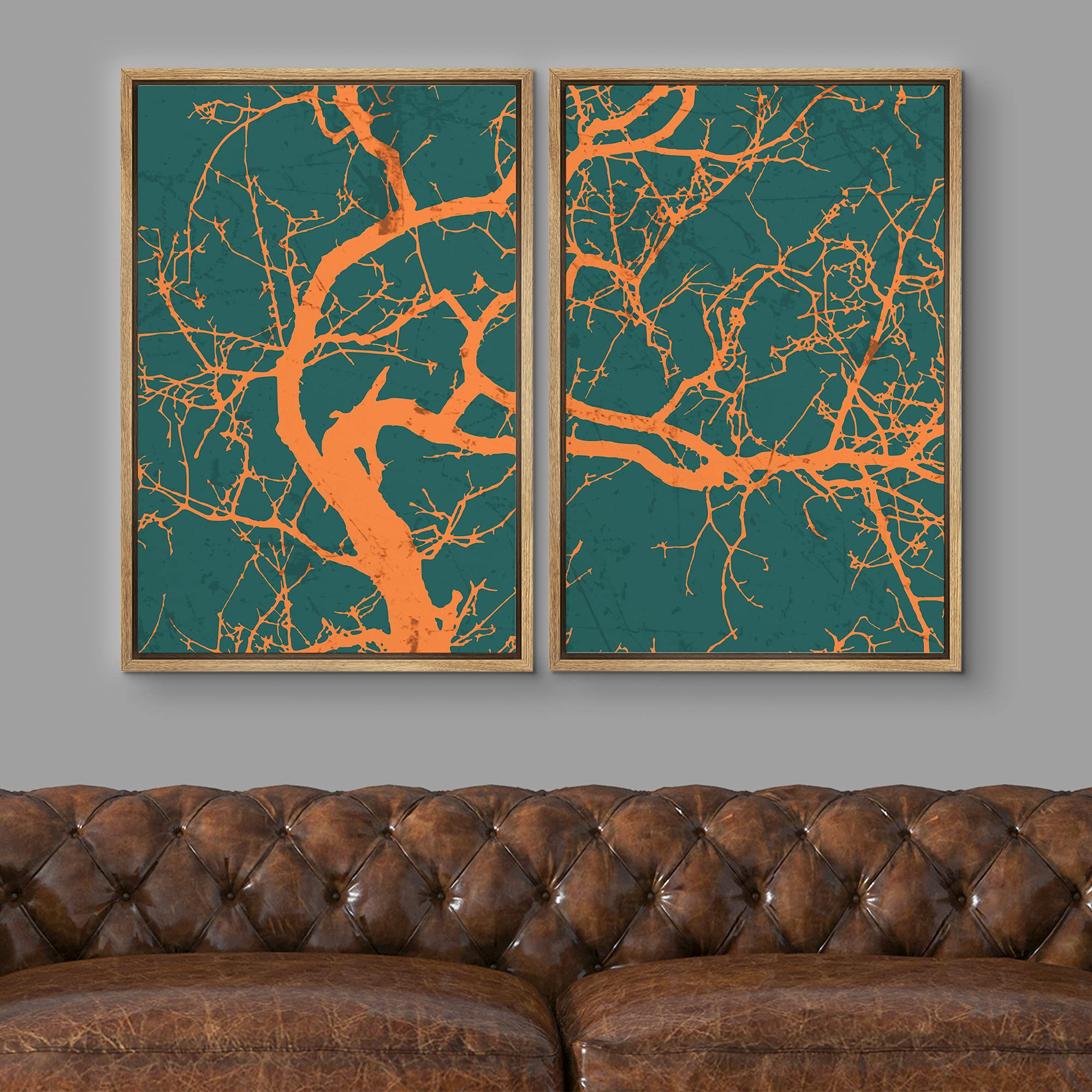Idea4Wall Framed Canvas Print Wall Art Textured Orange Tree Silhouette On Green Background Nature Plants Digital Art Minimalism