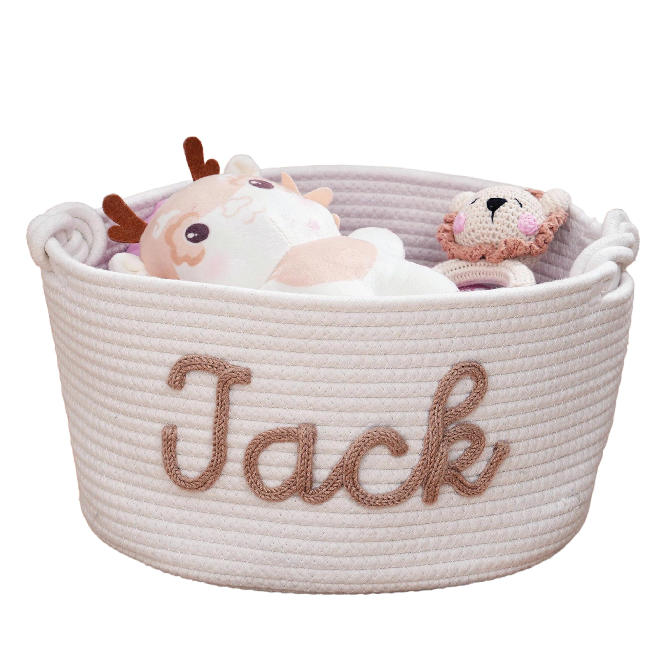 JUPPE Personalized Baby Shower Basket Gift, Baptism Gift Toys and Storage Organizer Custom Baby Boy Girl Name Cotton Rope Basket