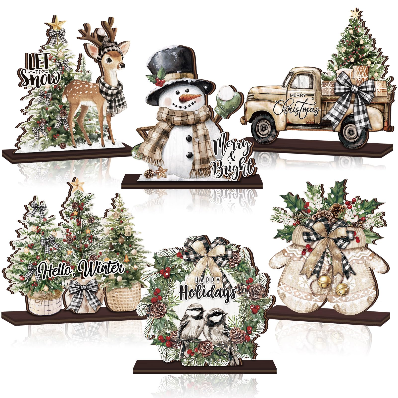 Yuntau 6 Pcs Winter Wonderland Wooden Table Decorations Snowman Wood Tabletop Sign Centerpiece Rustic Decorations for Winter Hol
