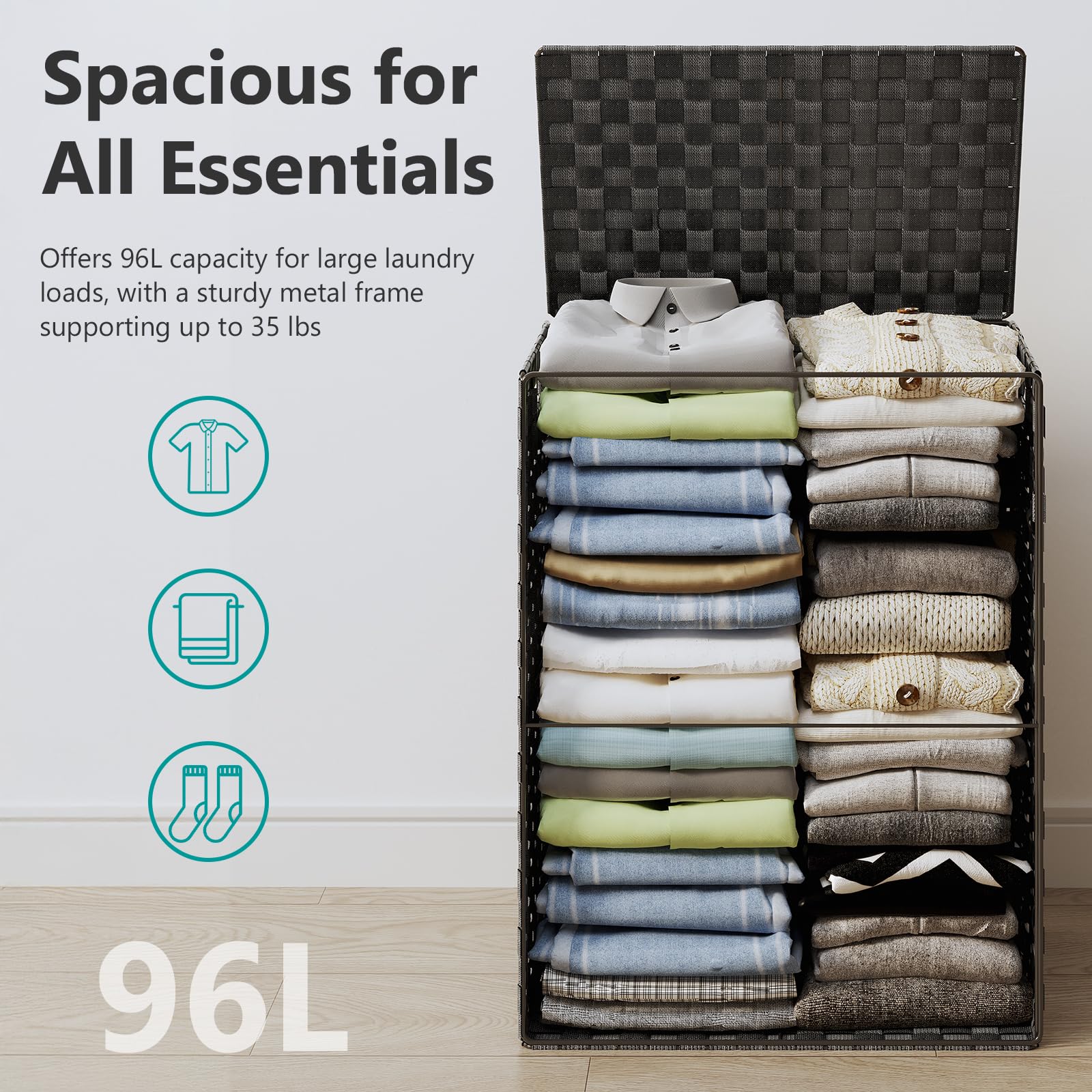 Fiona's magic Laundry Hamper Basket with Lid  Handwoven 90L Large Clothes Hamper with Removable Liner Bags  Collapsible Black Tall Hamper for Bathroom  Bedroom and Dorm Room Organizer