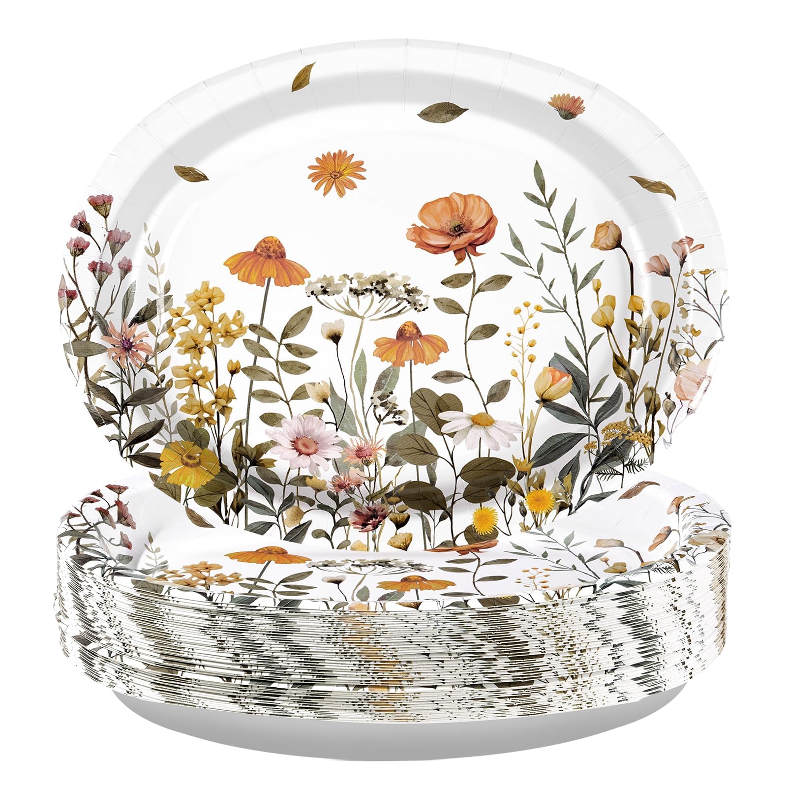 50Pcs Fall Wildflower Oval Paper Plates 10 x 12 Large Disposable Watercolor Autumn Floral Paper Plate Wildflower Birthday Decora