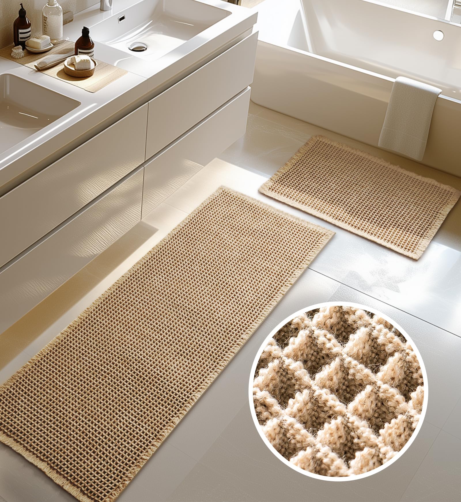 Furicher Large Waffle Bath Mat Set, Non Slip Bathroom Mat Set, Ultra Absorbent Bath Mats For Bathroom Decor, Extra Soft Floor Ba