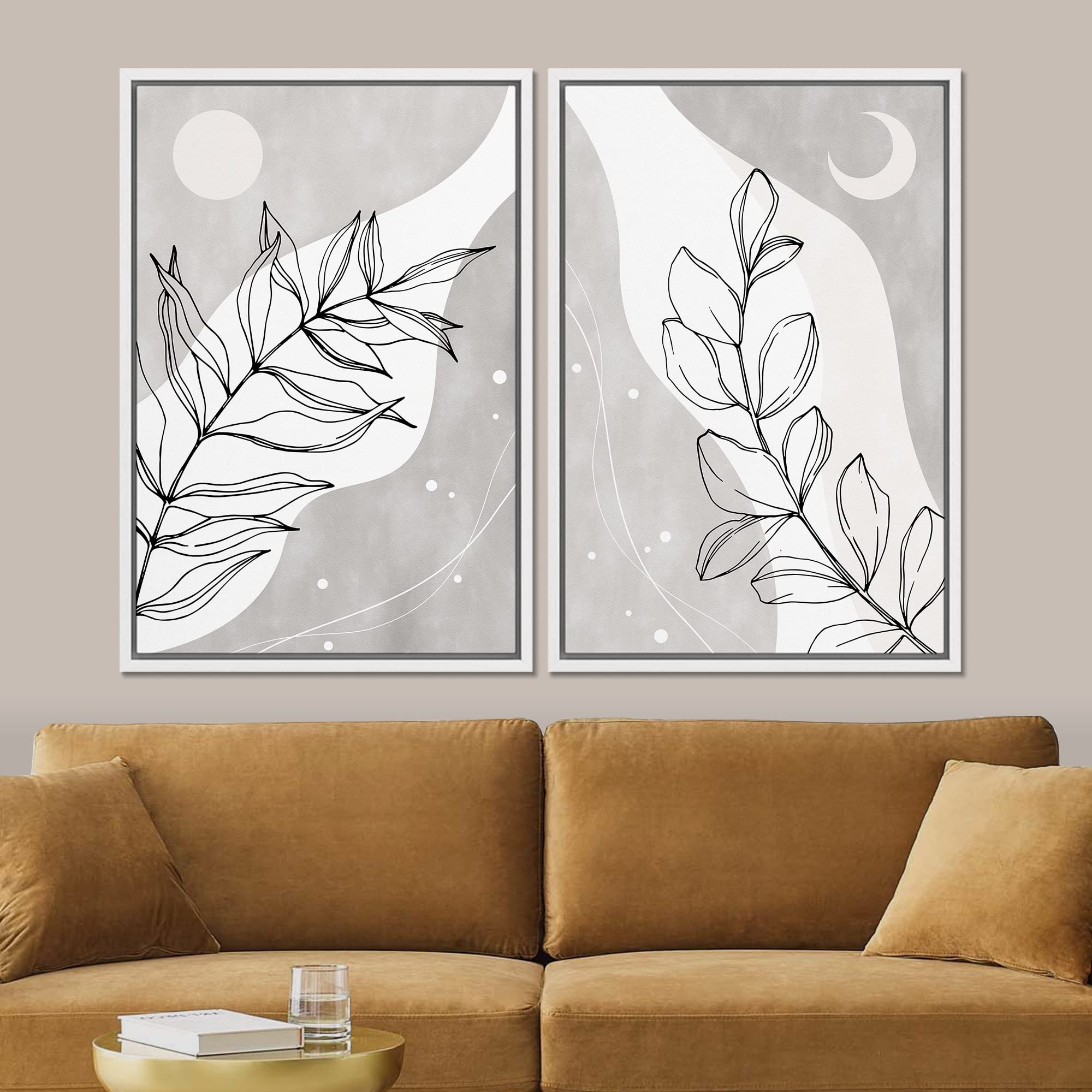 Signford Framed Wall Art Print Set Retro Black White Sun Moon Forest Leaves Floral Nature Illustrations Modern Minimalist Relax/