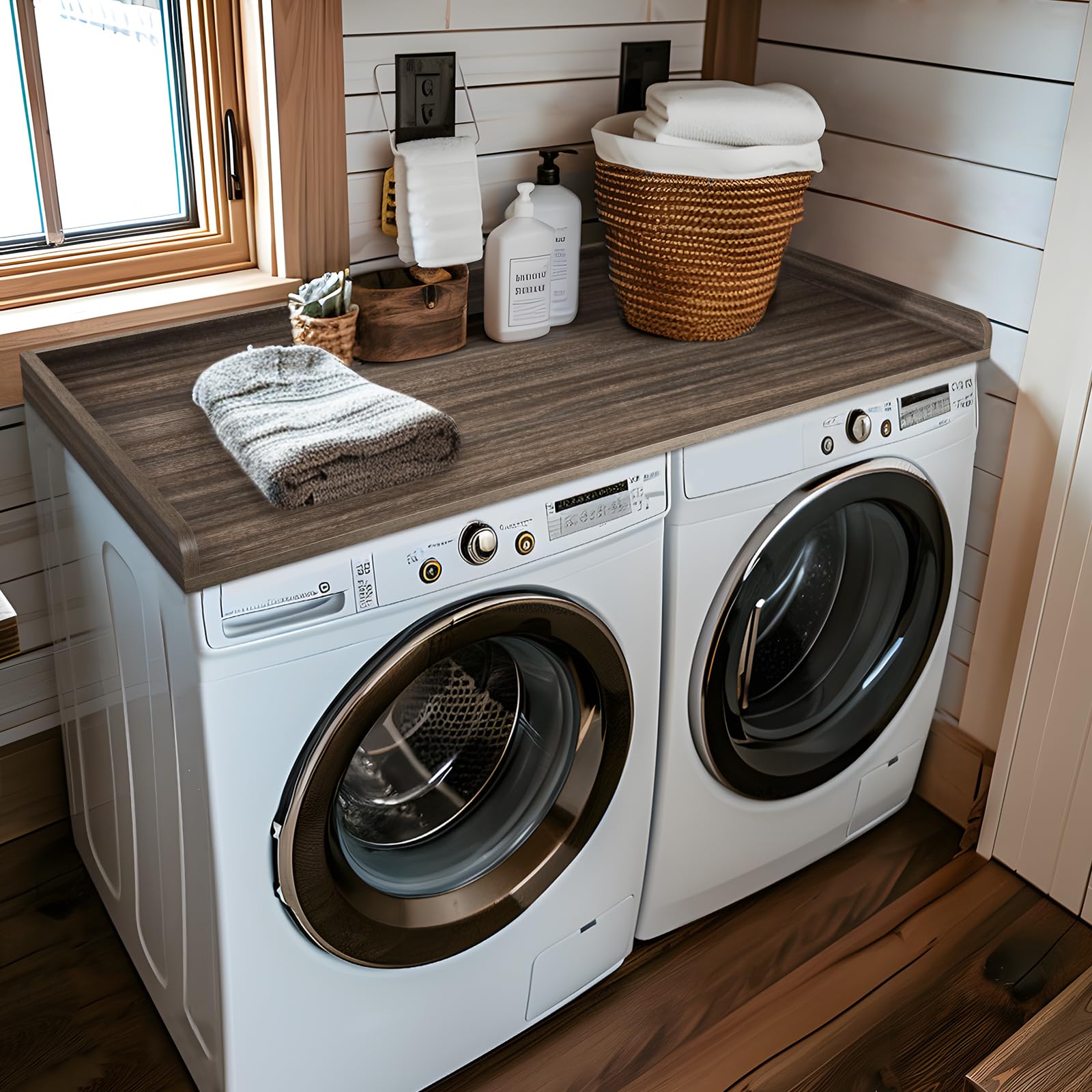Kaboon Washer Dryer Countertop, Melamine Countertop With Edge Rails - 27.5'' Depth X 54'' Width Laundry Room Organization,Eucaly
