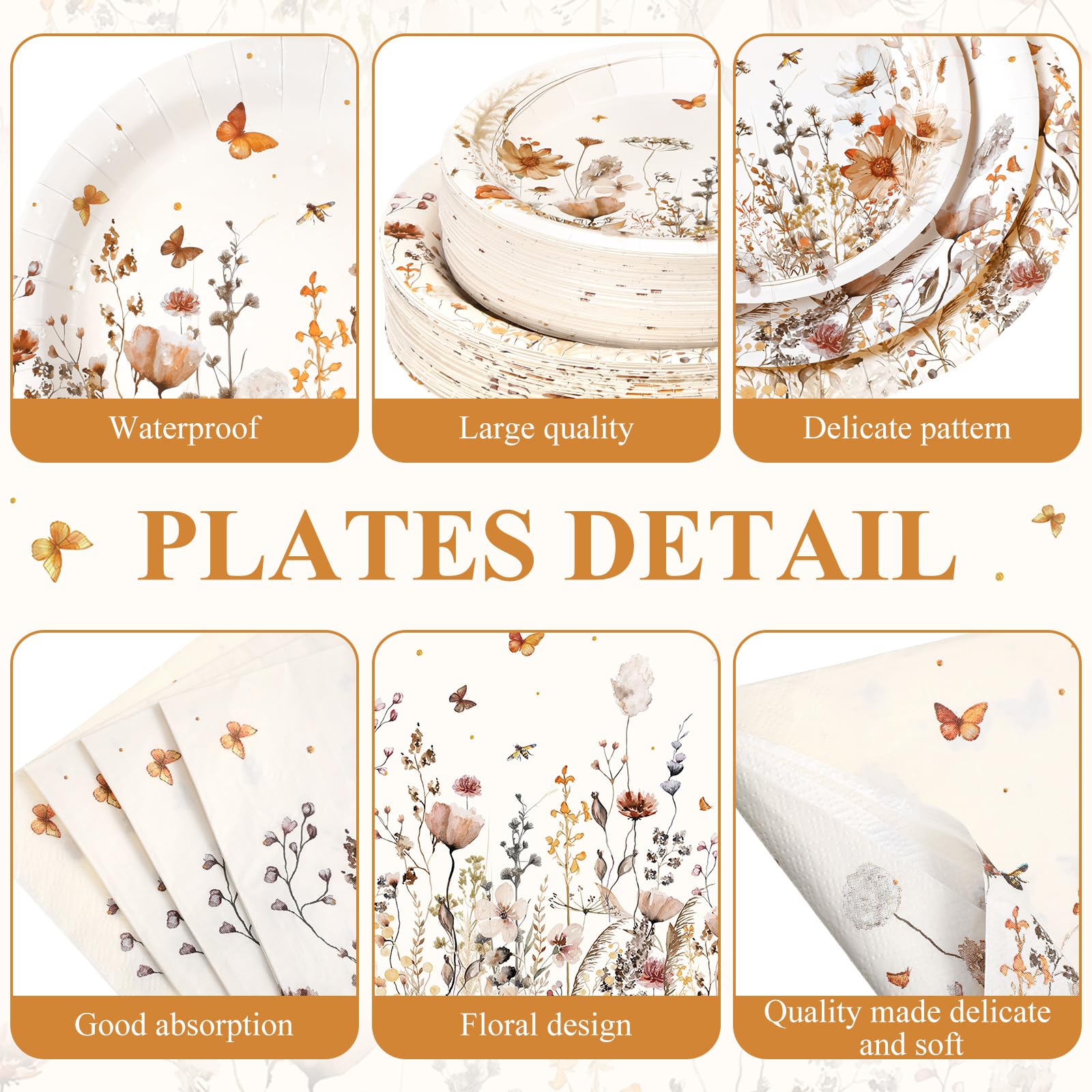 Layhit 202 Pcs Fall Floral Party Decoration Autumn Orange Flower Paper Plates Napkins Cups Butterfly Wildflower Tablecloth for A