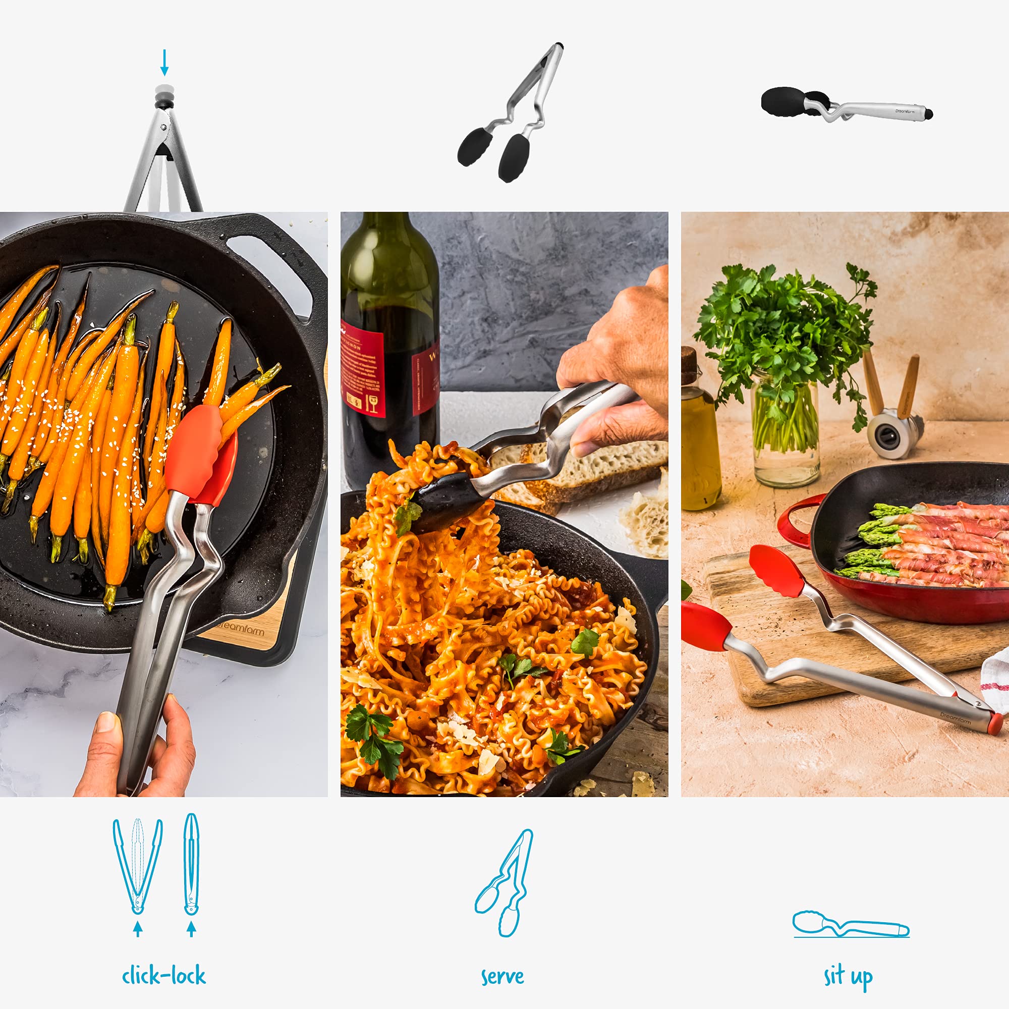 Dreamfarm Clongs | Non-Scratch, Stainless-Steel Tongs With Silicone Heads | Black, 12 Inches