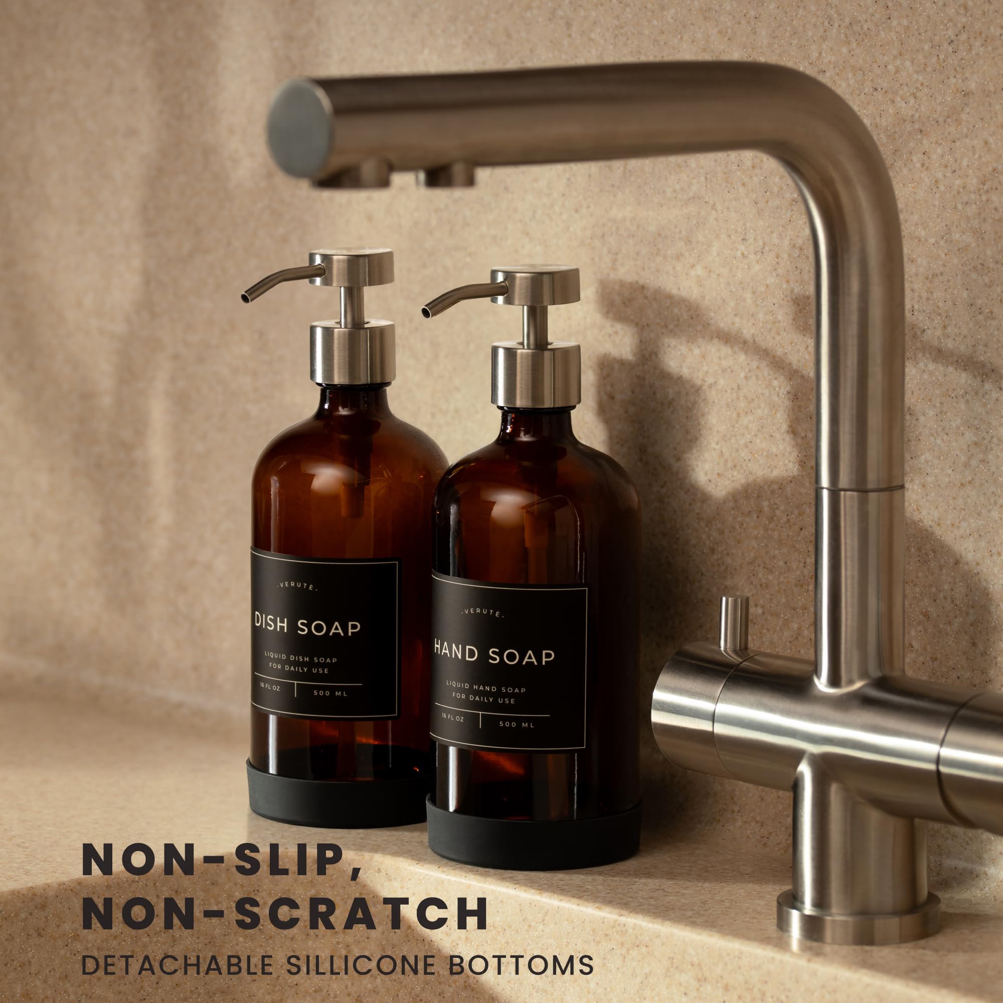 Verute 16Oz Glass Soap Dispenser With Stainless Steel Pump, 21 Waterproof Labels, Non-Slip Protective Silicone Pad, Set Of 2 For